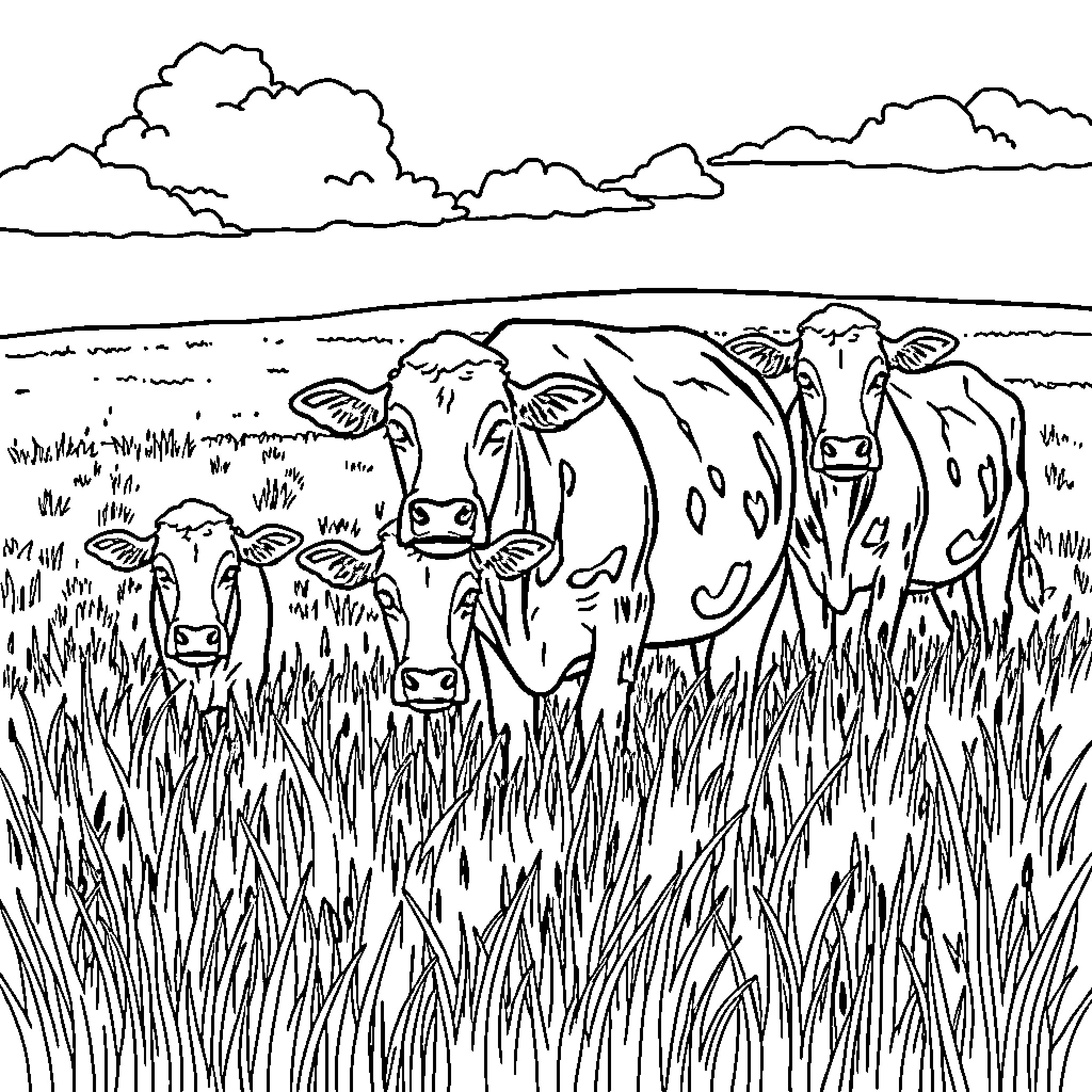 Cow herd grazing peacefully in a grassy field Coloring Page (free black-and-white line drawing printable PDF for all, from beginners to advanced learners, including children, teens, adults, and seniors)