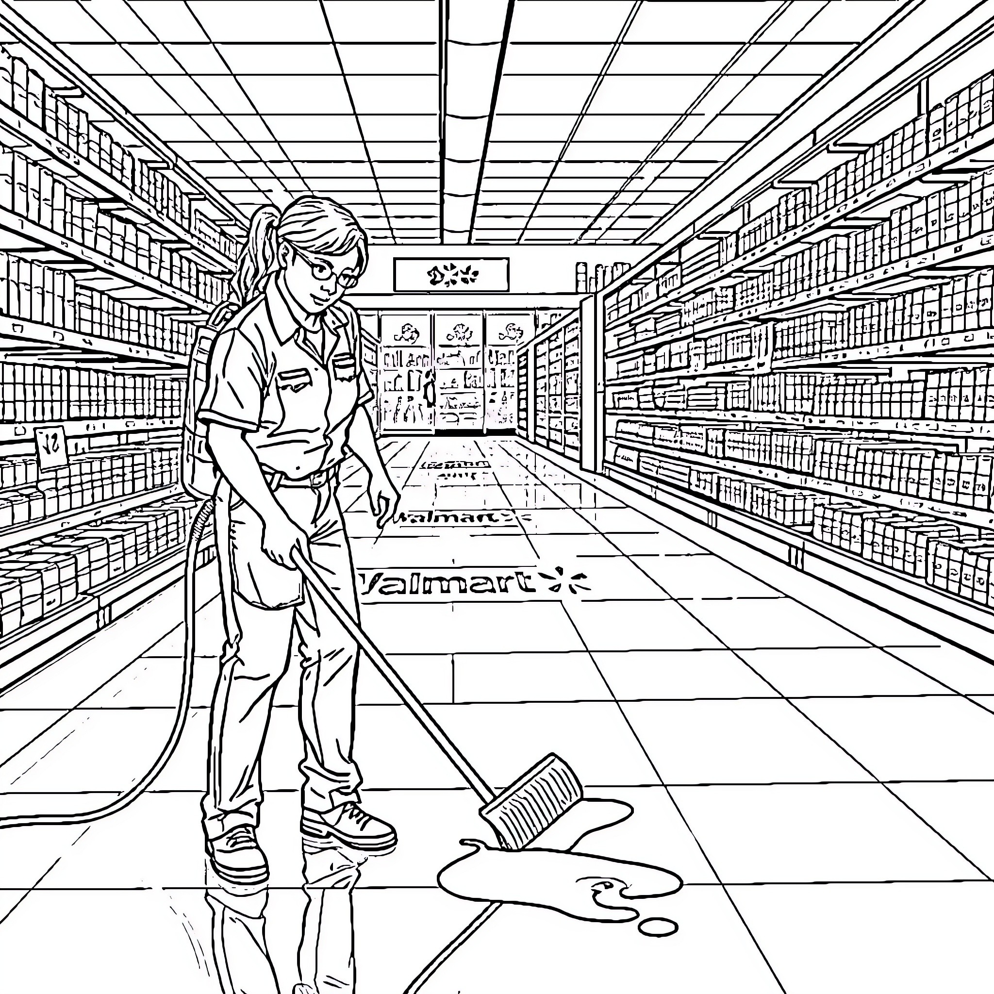 Walmart Associate Cleaning the Store Aisle Coloring Page (free black-and-white line drawing printable PDF for all, from beginners to advanced learners, including children, teens, adults, and seniors)