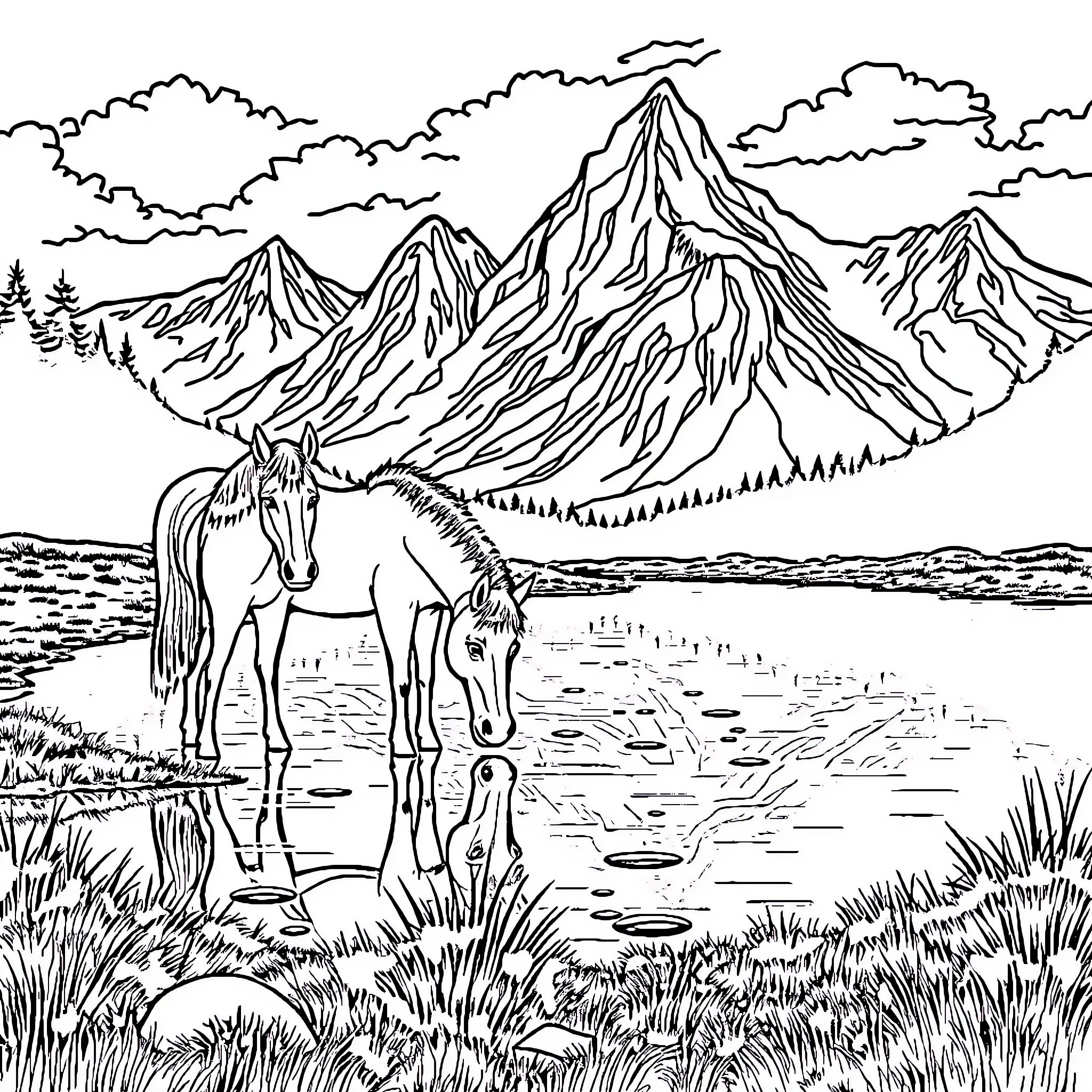 Horse drinking from a lake in the mountains Coloring Page (free black-and-white line drawing printable PDF for all, from beginners to advanced learners, including children, teens, adults, and seniors)