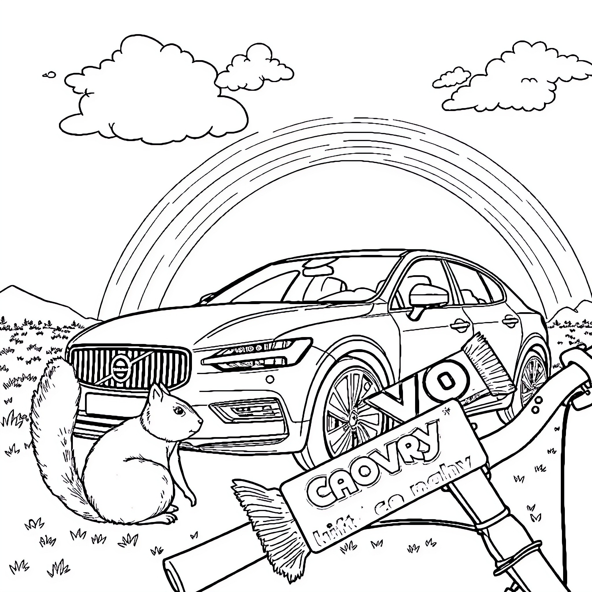 Car parked in nature with rainbow and wildlife Coloring Page (free black-and-white line drawing printable PDF for all, from beginners to advanced learners, including children, teens, adults, and seniors)