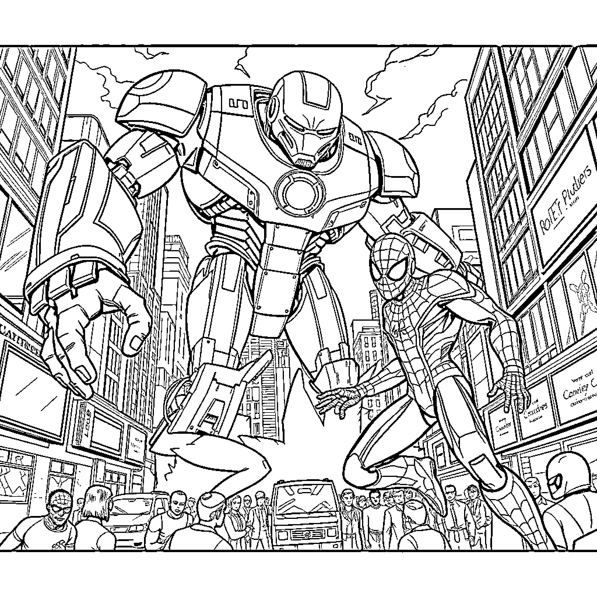 Spider-Man teams up with Iron Man in an epic city showdown Coloring Page (free black-and-white line drawing printable PDF for all, from beginners to advanced learners, including children, teens, adults, and seniors)