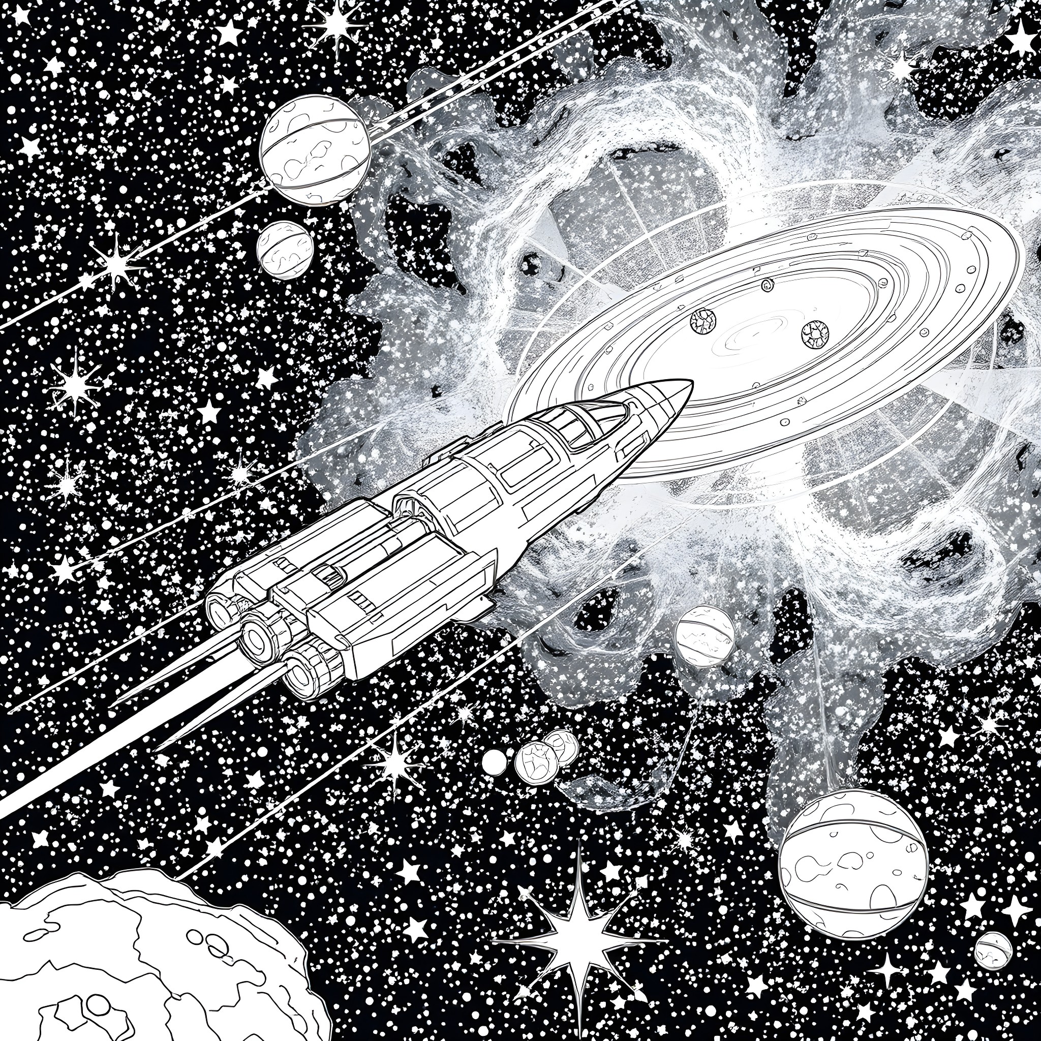 Spaceship zooming through the cosmic stars Coloring Page (free black-and-white line drawing printable PDF for all, from beginners to advanced learners, including children, teens, adults, and seniors)