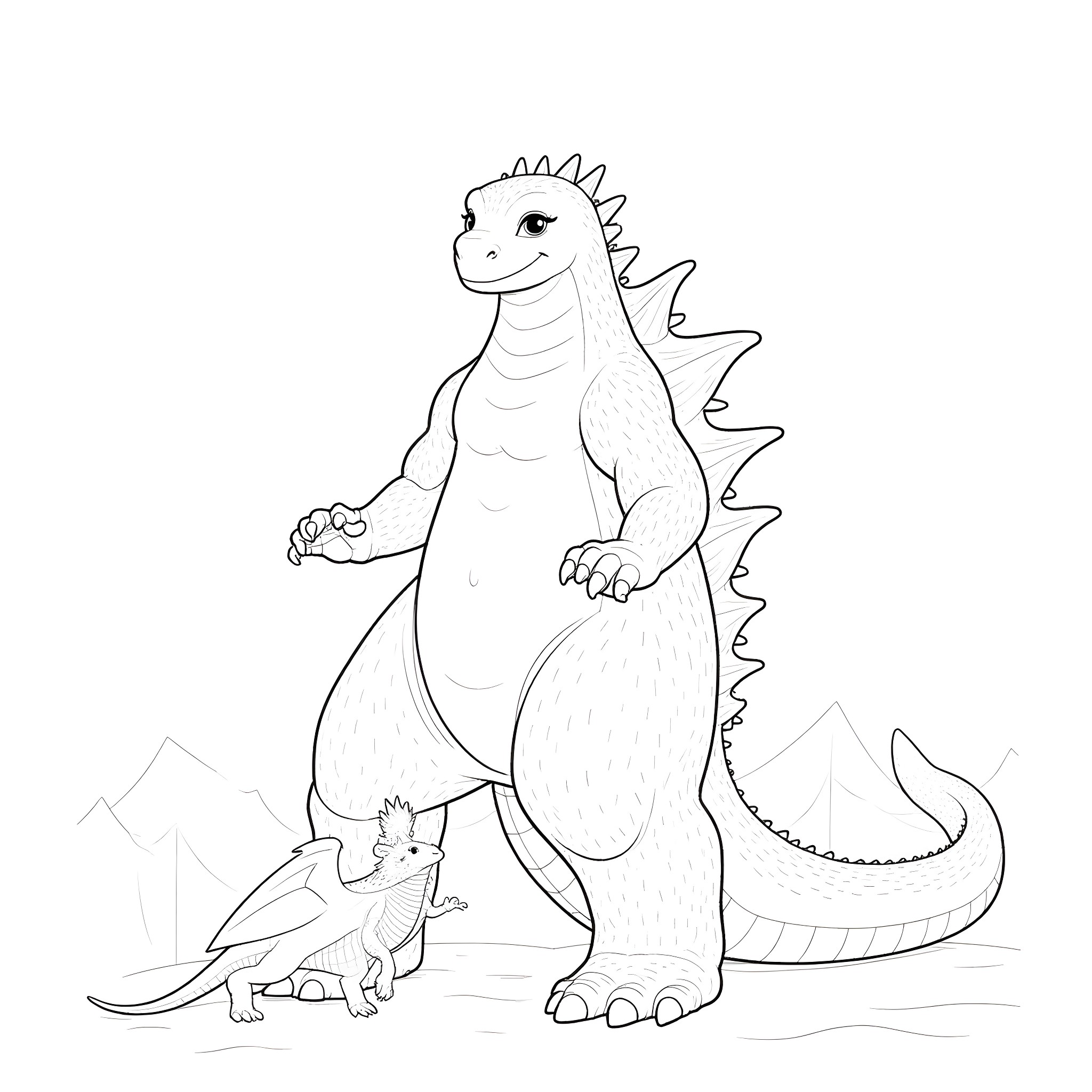 Godzilla and friend exploring the mountain landscape Coloring Page (free black-and-white line drawing printable PDF for all, from beginners to advanced learners, including children, teens, adults, and seniors)