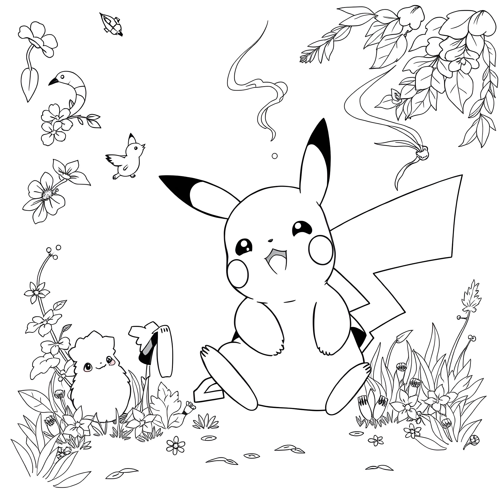 Pikachu enjoying nature with friends Coloring Page (free black-and-white line drawing printable PDF for all, from beginners to advanced learners, including children, teens, adults, and seniors)