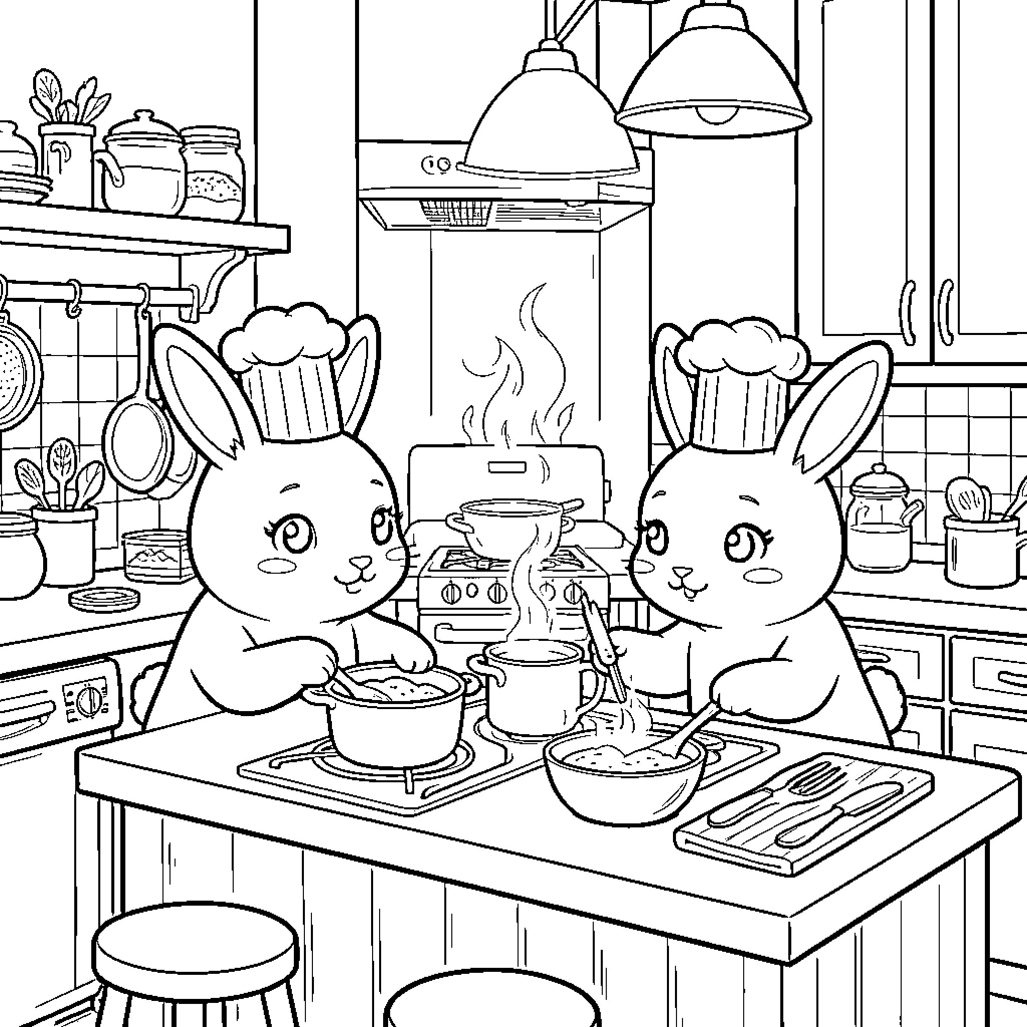 Rabbits cooking and baking in the kitchen Coloring Page (free black-and-white line drawing printable PDF for all, from beginners to advanced learners, including children, teens, adults, and seniors)