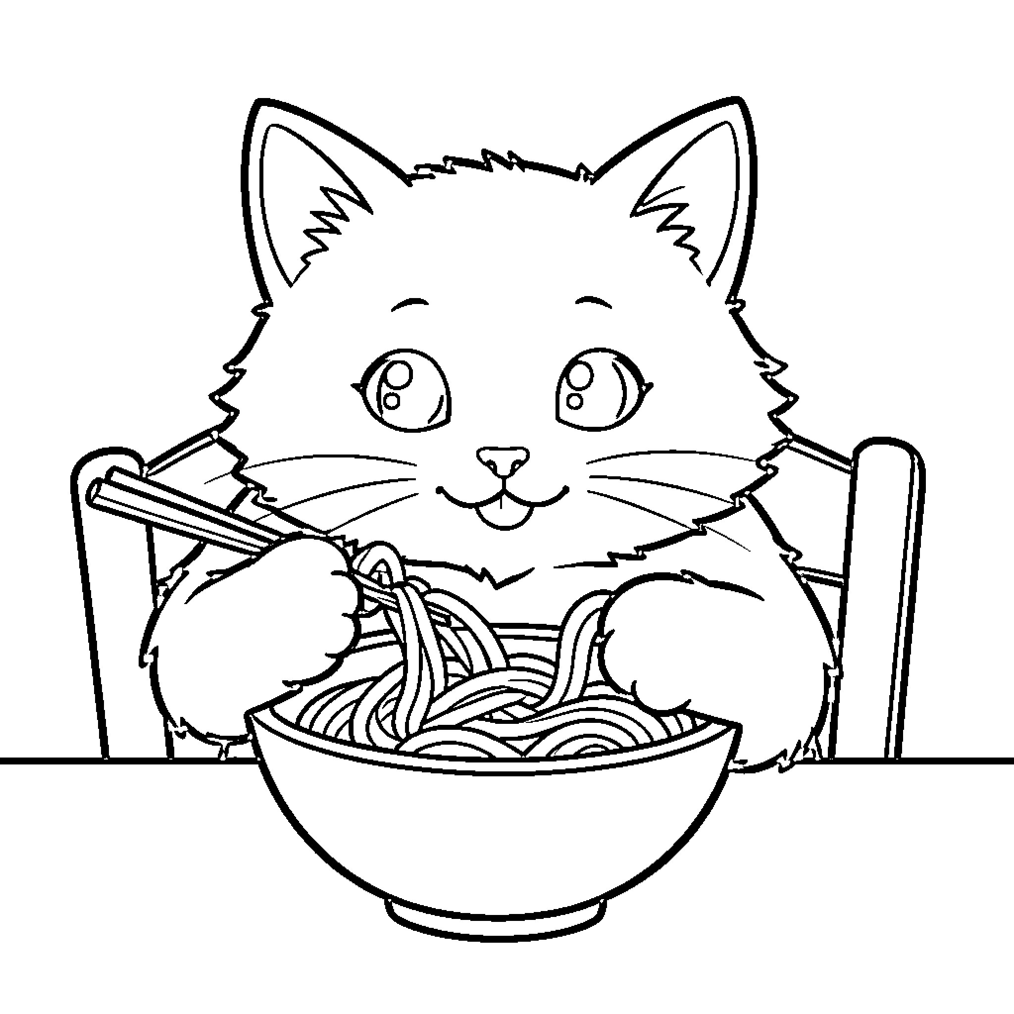 Cat enjoying a bowl of spaghetti Coloring Page (free black-and-white line drawing printable PDF for all, from beginners to advanced learners, including children, teens, adults, and seniors)