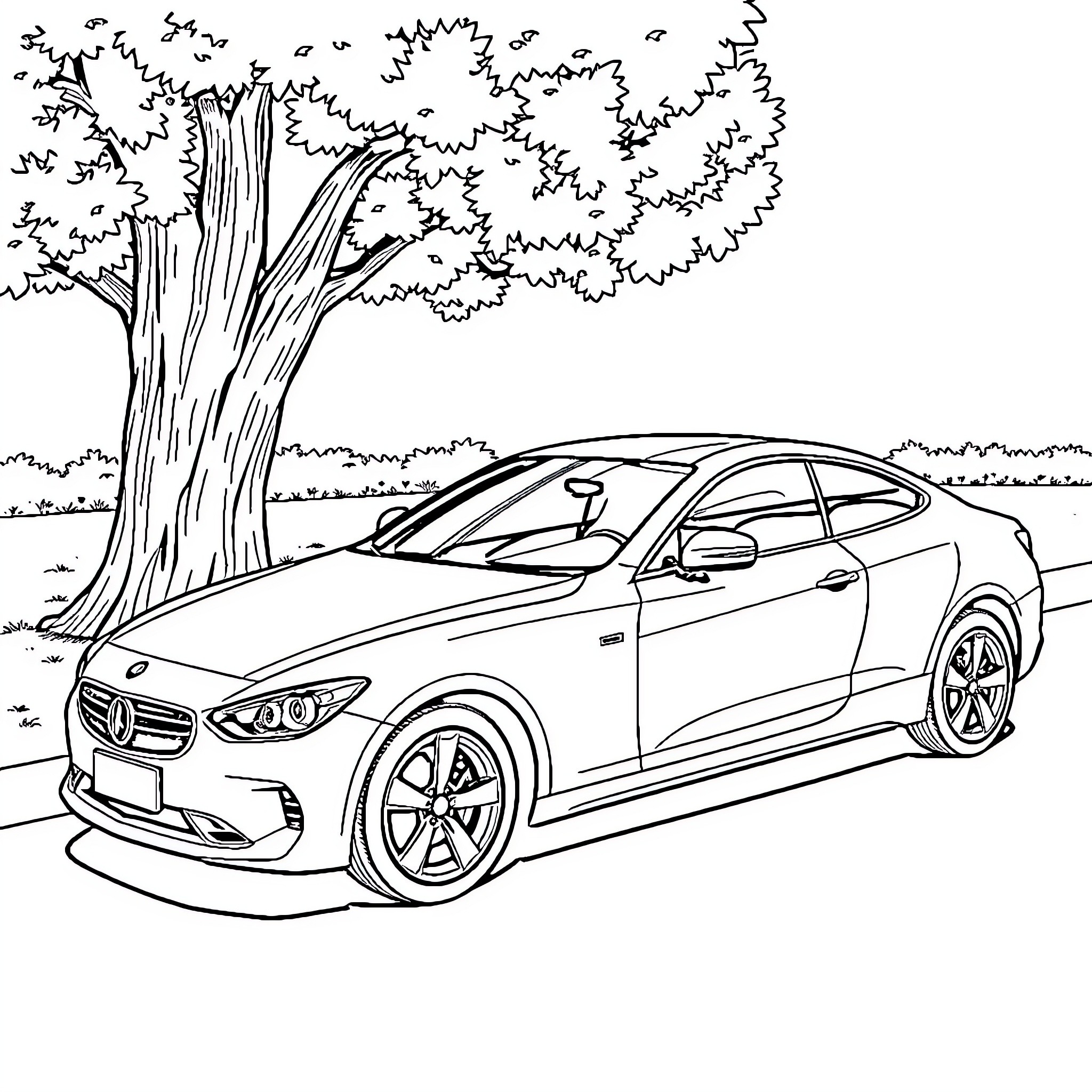 Alto Sports Car in a Serene Landscape Coloring Page (free black-and-white line drawing printable PDF for all, from beginners to advanced learners, including children, teens, adults, and seniors)