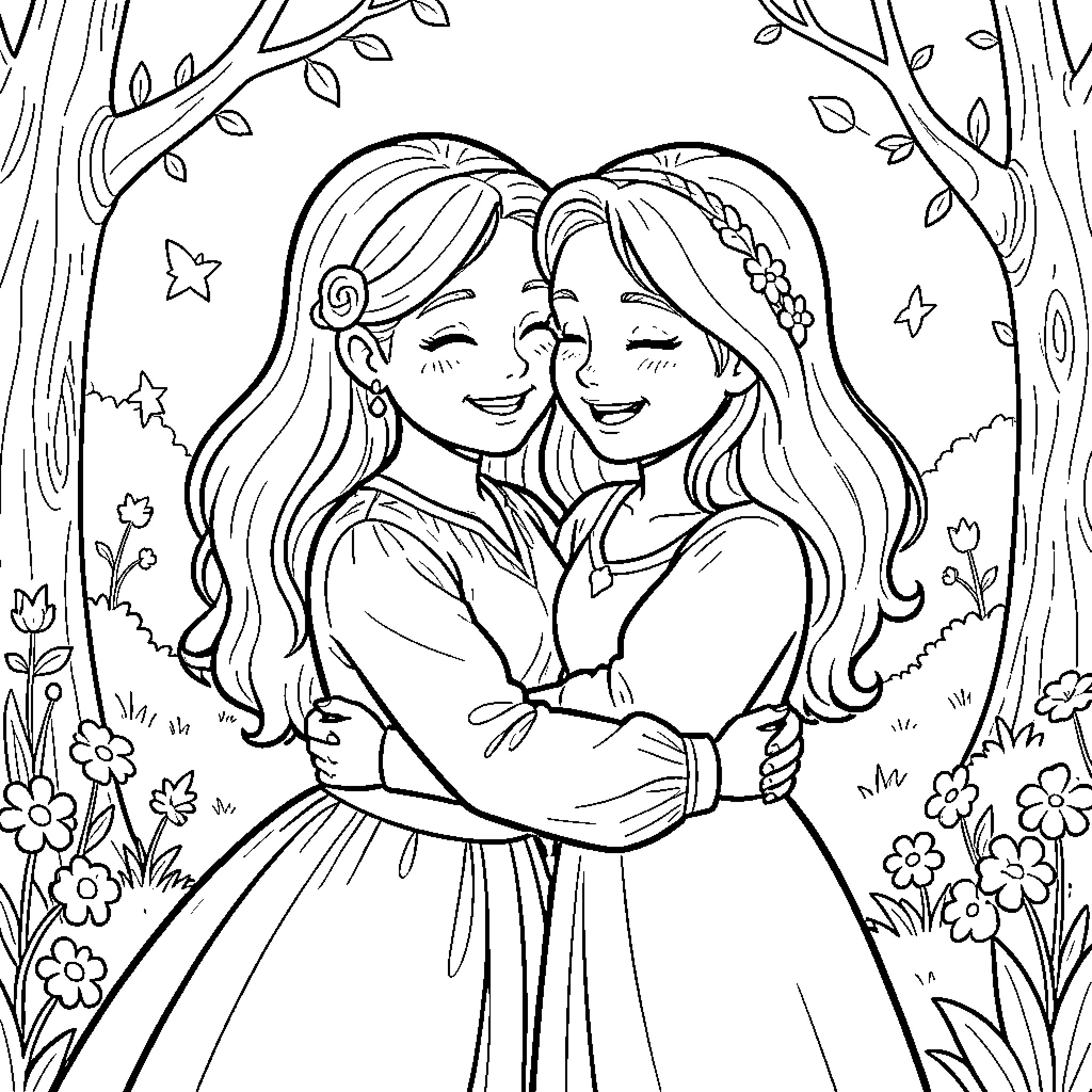 Sacha and friend sharing a warm and happy hug Coloring Page (free black-and-white line drawing printable PDF for all, from beginners to advanced learners, including children, teens, adults, and seniors)