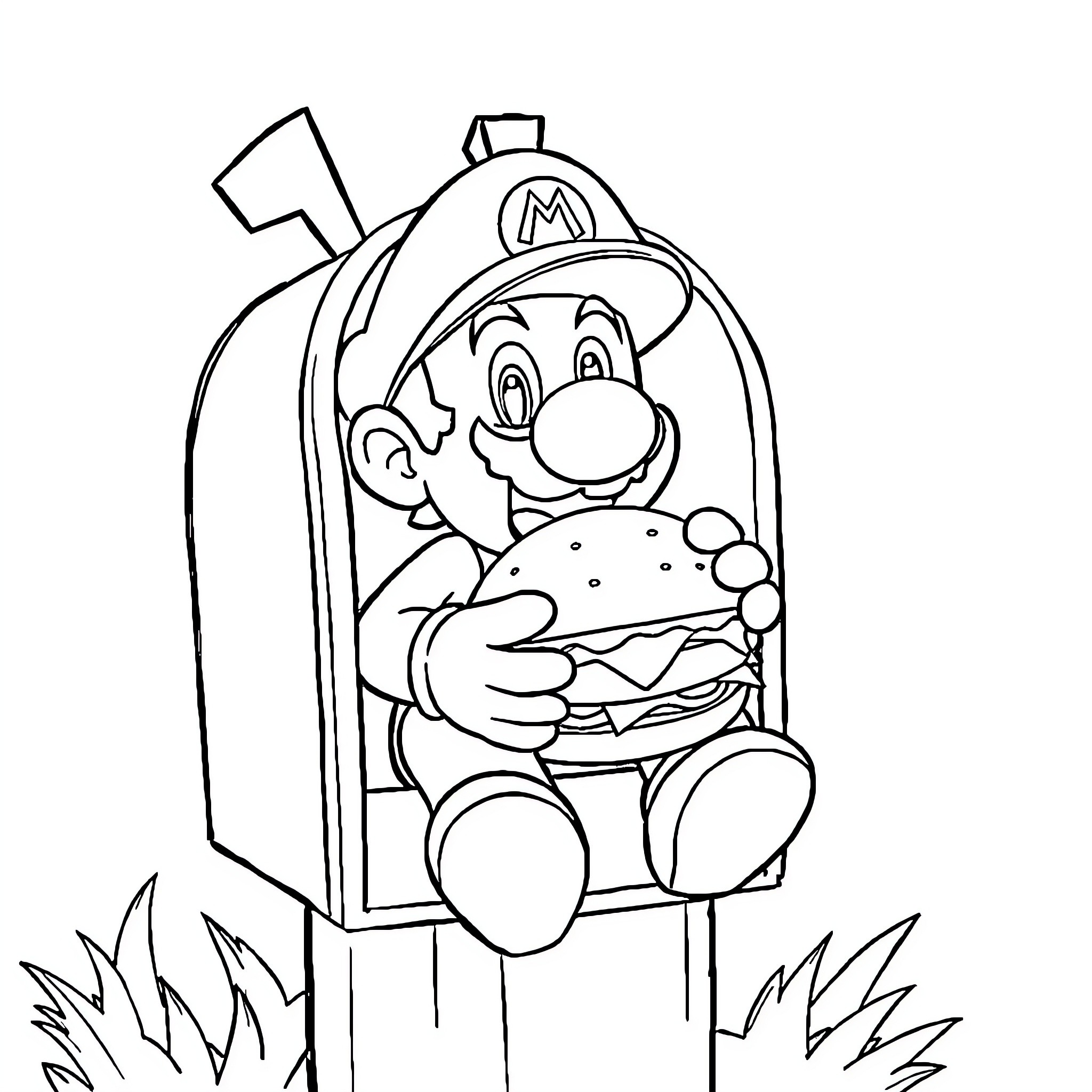 Mario enjoying a tasty burger in a cage Coloring Page (free black-and-white line drawing printable PDF for all, from beginners to advanced learners, including children, teens, adults, and seniors)