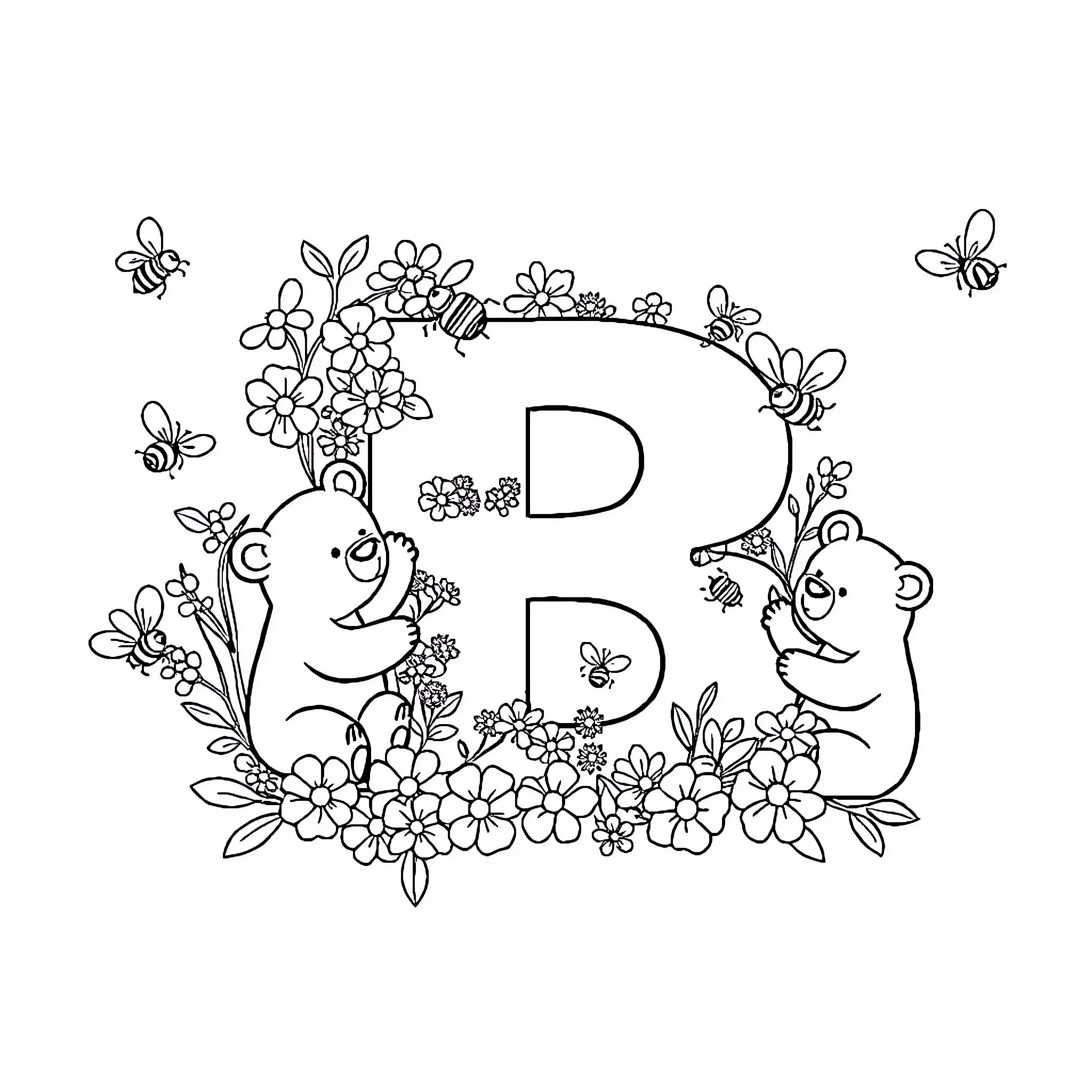 Blossoming Bunnies Bask in Blooms Coloring Page (free black-and-white line drawing printable PDF for all, from beginners to advanced learners, including children, teens, adults, and seniors)