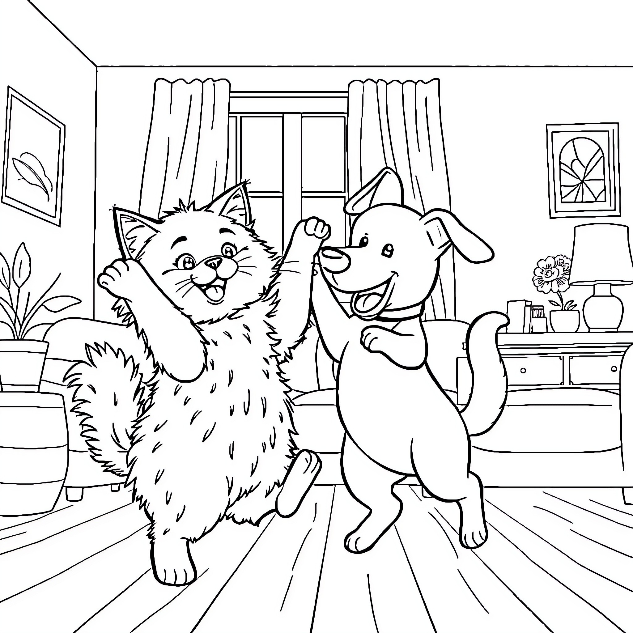 Cat and dog playing together in the living room Coloring Page (free black-and-white line drawing printable PDF for all, from beginners to advanced learners, including children, teens, adults, and seniors)