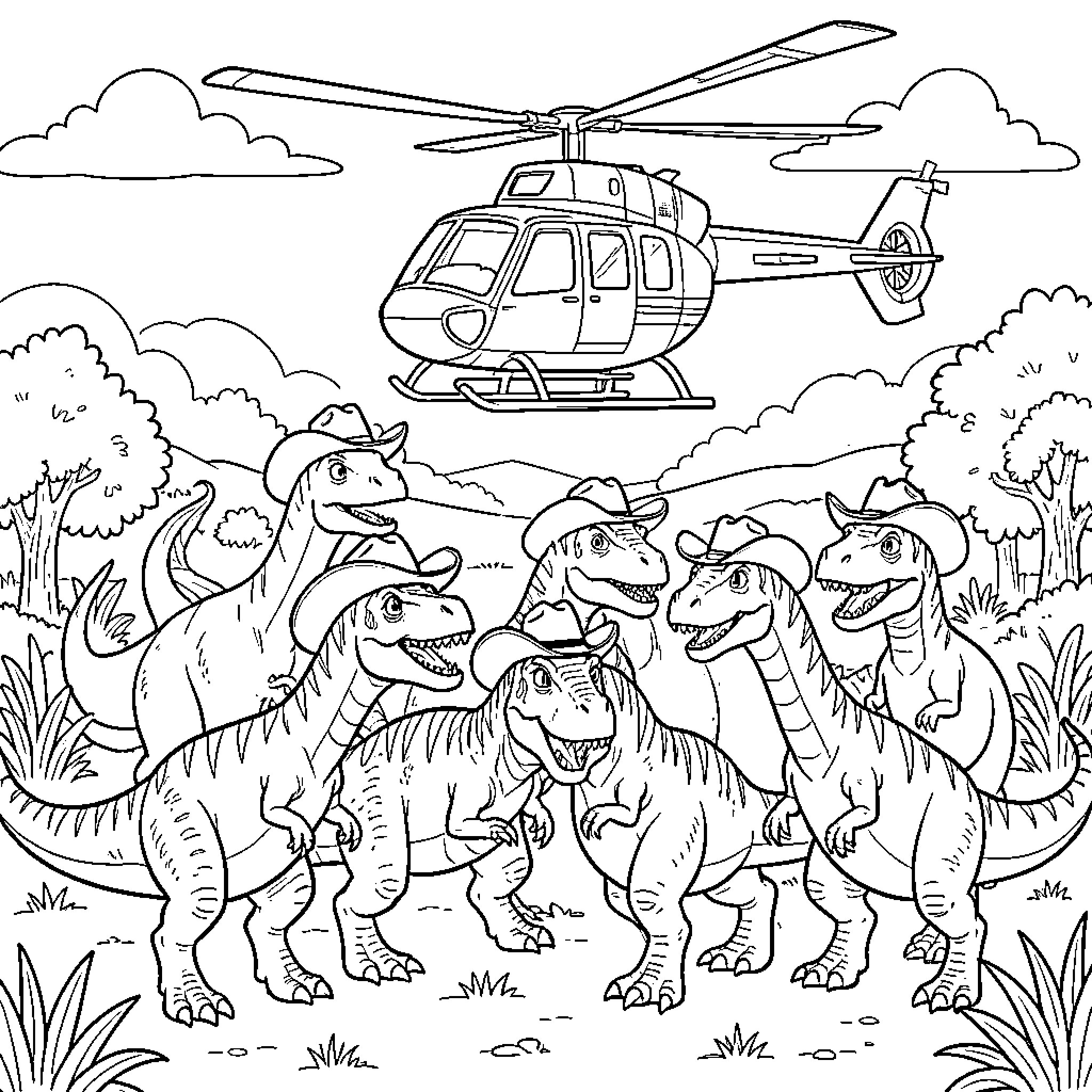 Helicopter flying over a group of smiling dinosaurs Coloring Page (free black-and-white line drawing printable PDF for all, from beginners to advanced learners, including children, teens, adults, and seniors)