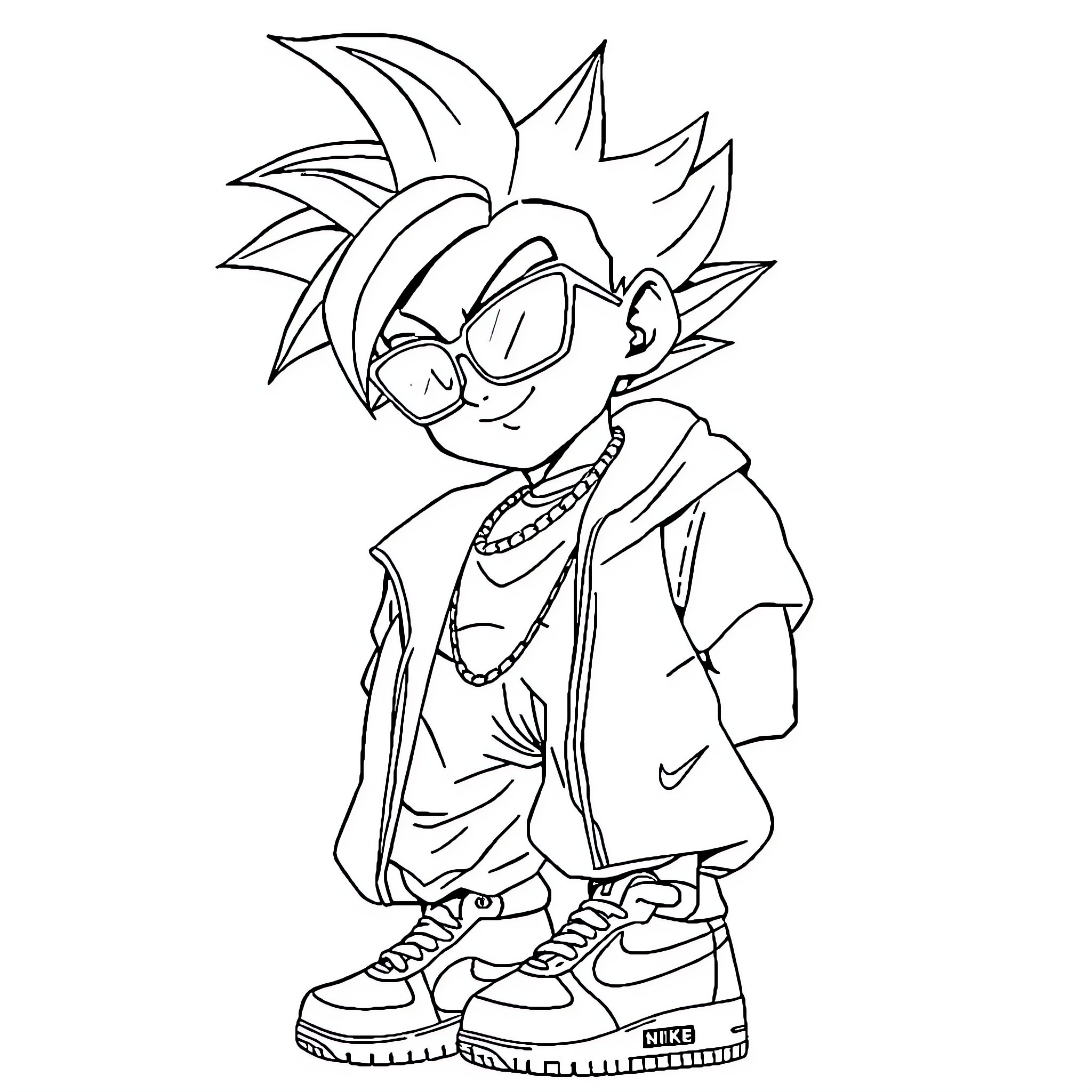 Goku Anime Character in Casual Outfit Coloring Page (free black-and-white line drawing printable PDF for all, from beginners to advanced learners, including children, teens, adults, and seniors)