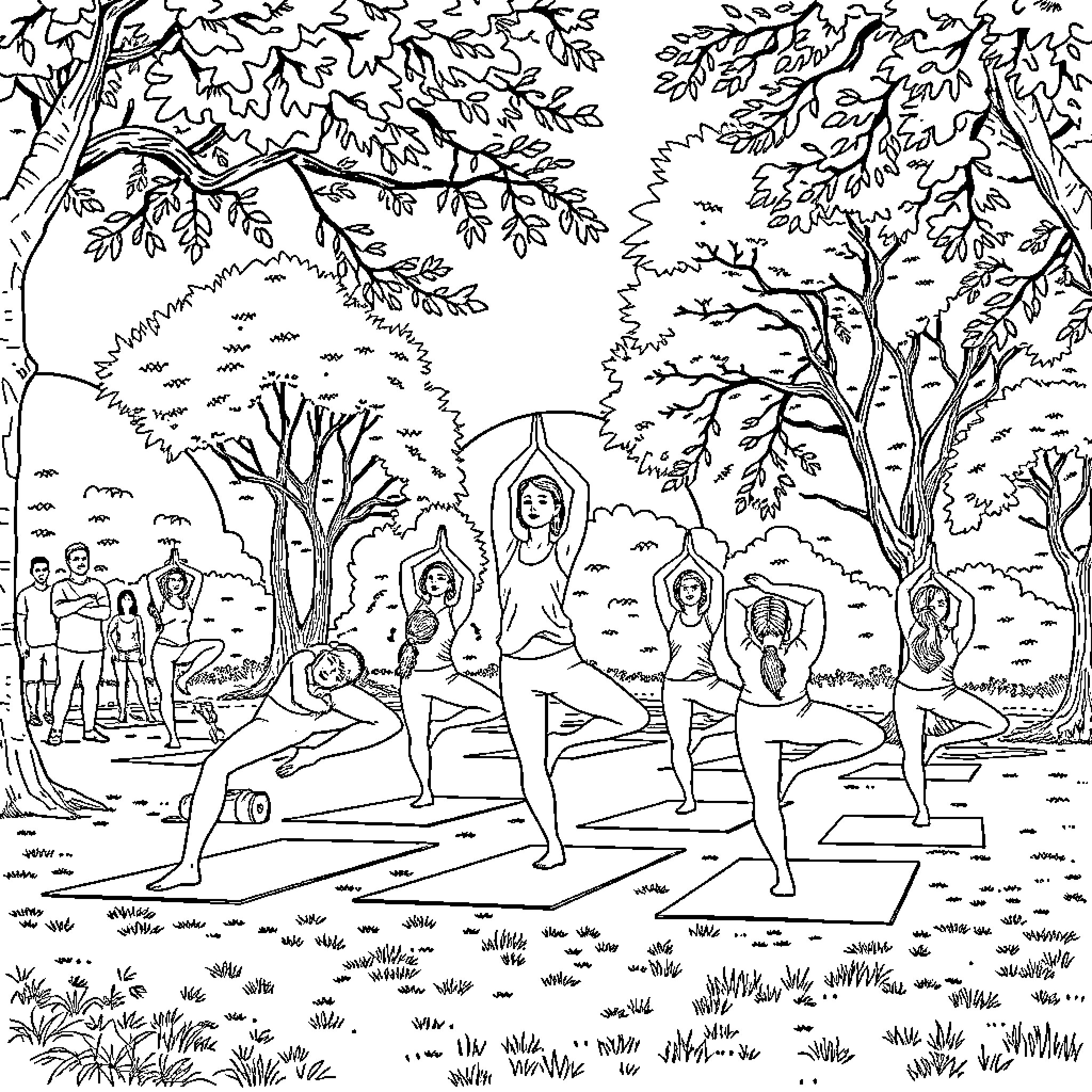 Yoga Woman Practicing Yoga Poses in Serene Forest Coloring Page (free black-and-white line drawing printable PDF for all, from beginners to advanced learners, including children, teens, adults, and seniors)