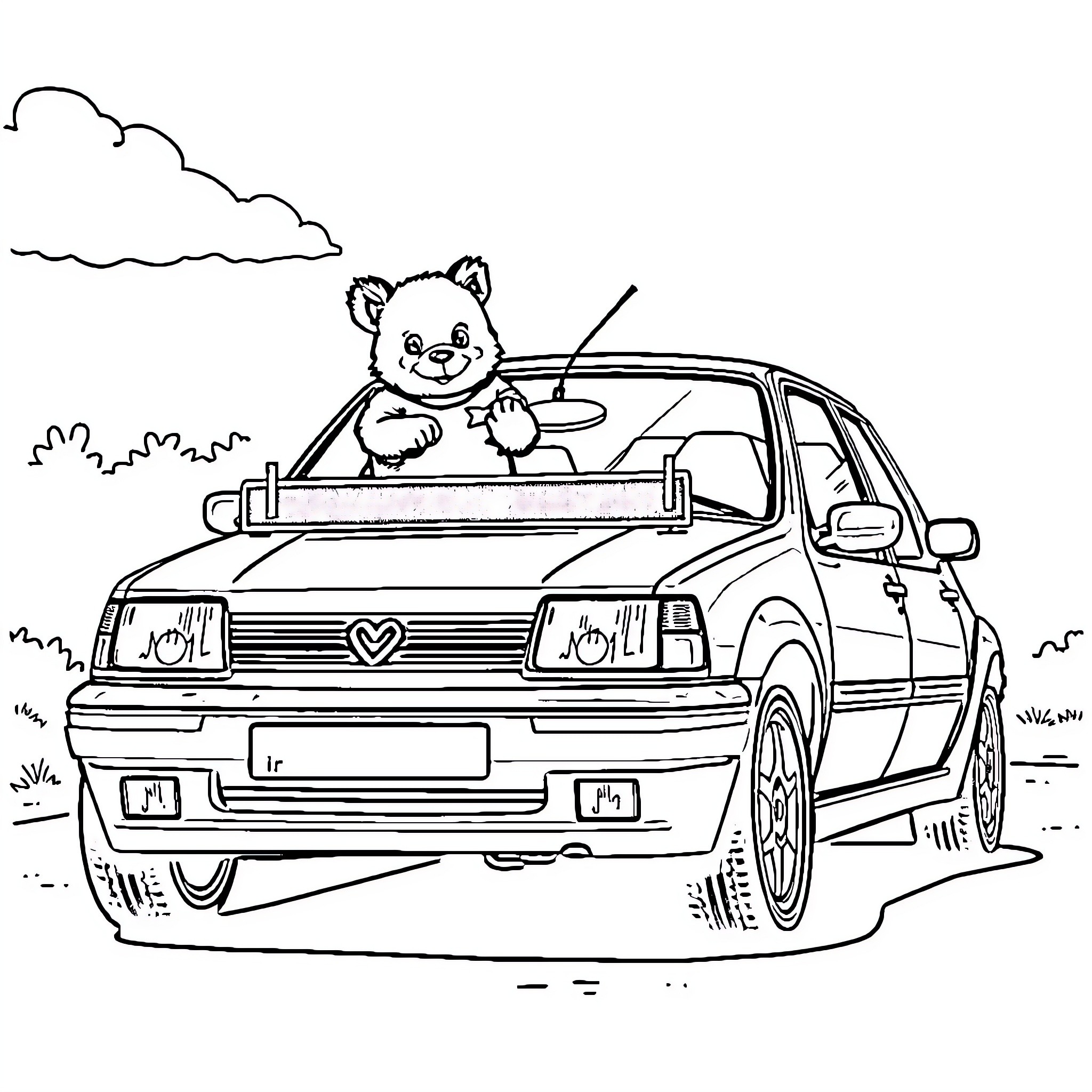 Ours Stuffed Animal Riding in Car Coloring Page (free black-and-white line drawing printable PDF for all, from beginners to advanced learners, including children, teens, adults, and seniors)