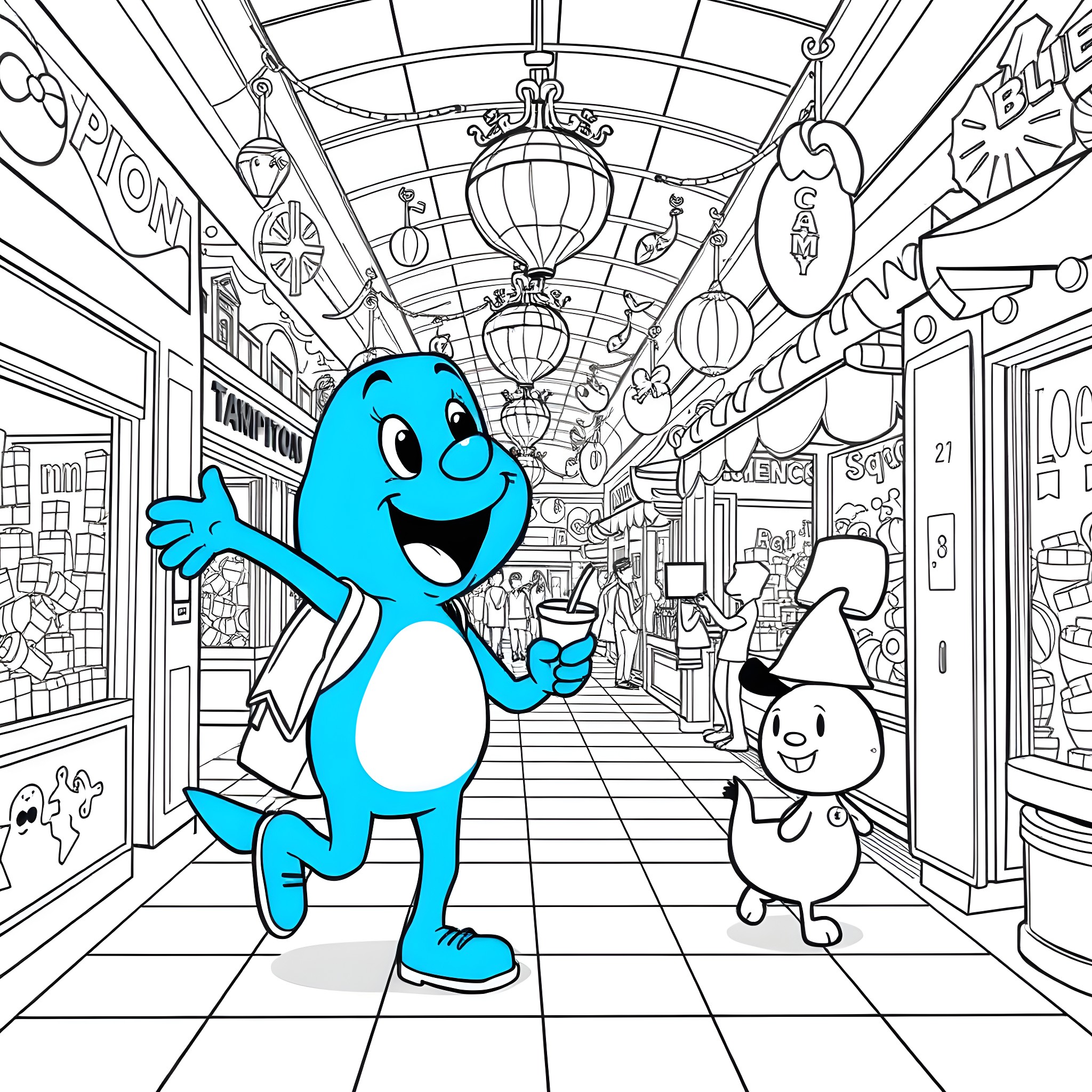 Bluey characters in a lively market scene Coloring Page (free black-and-white line drawing printable PDF for all, from beginners to advanced learners, including children, teens, adults, and seniors)