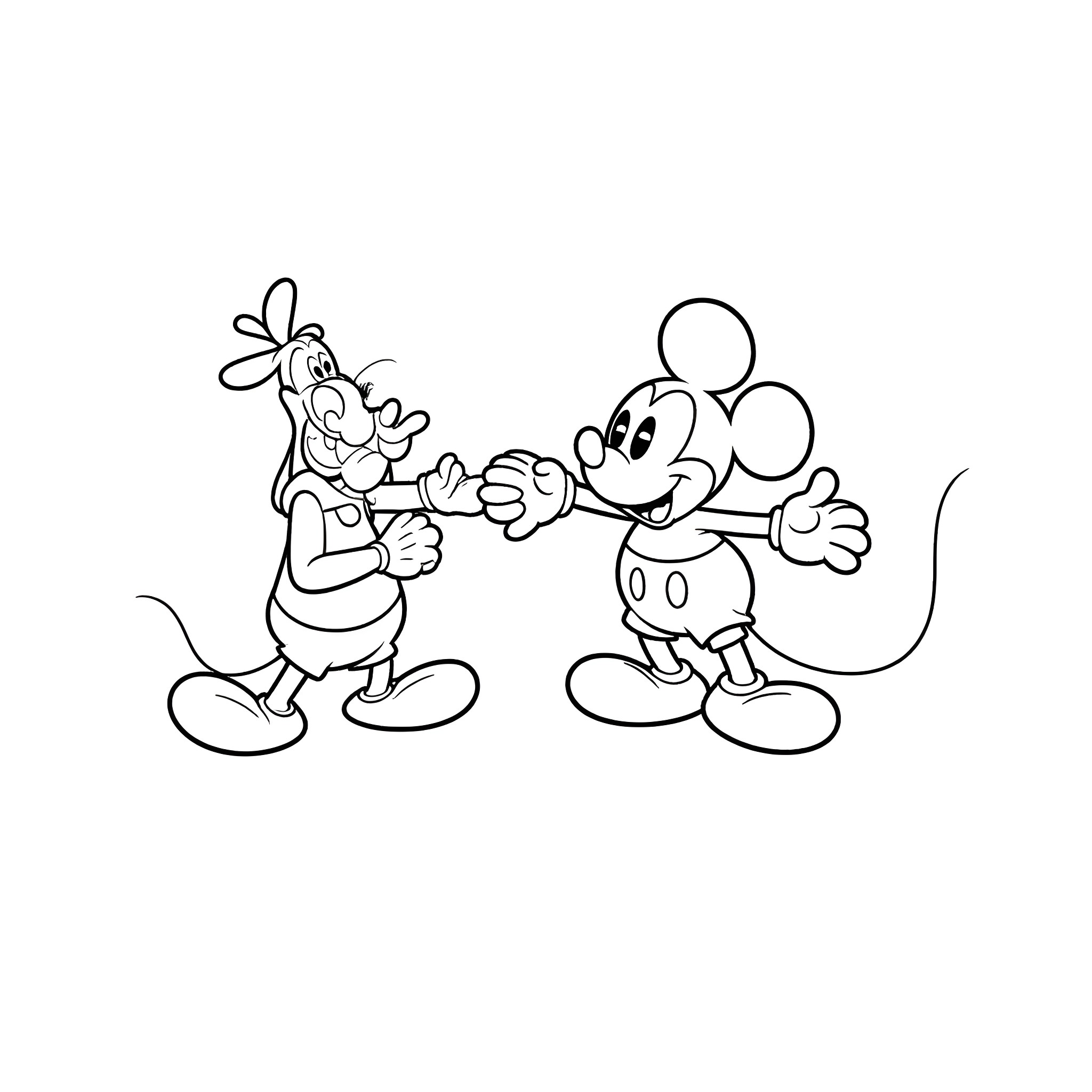 Mickey Mouse and Goofy in a playful interaction Coloring Page (free black-and-white line drawing printable PDF for all, from beginners to advanced learners, including children, teens, adults, and seniors)