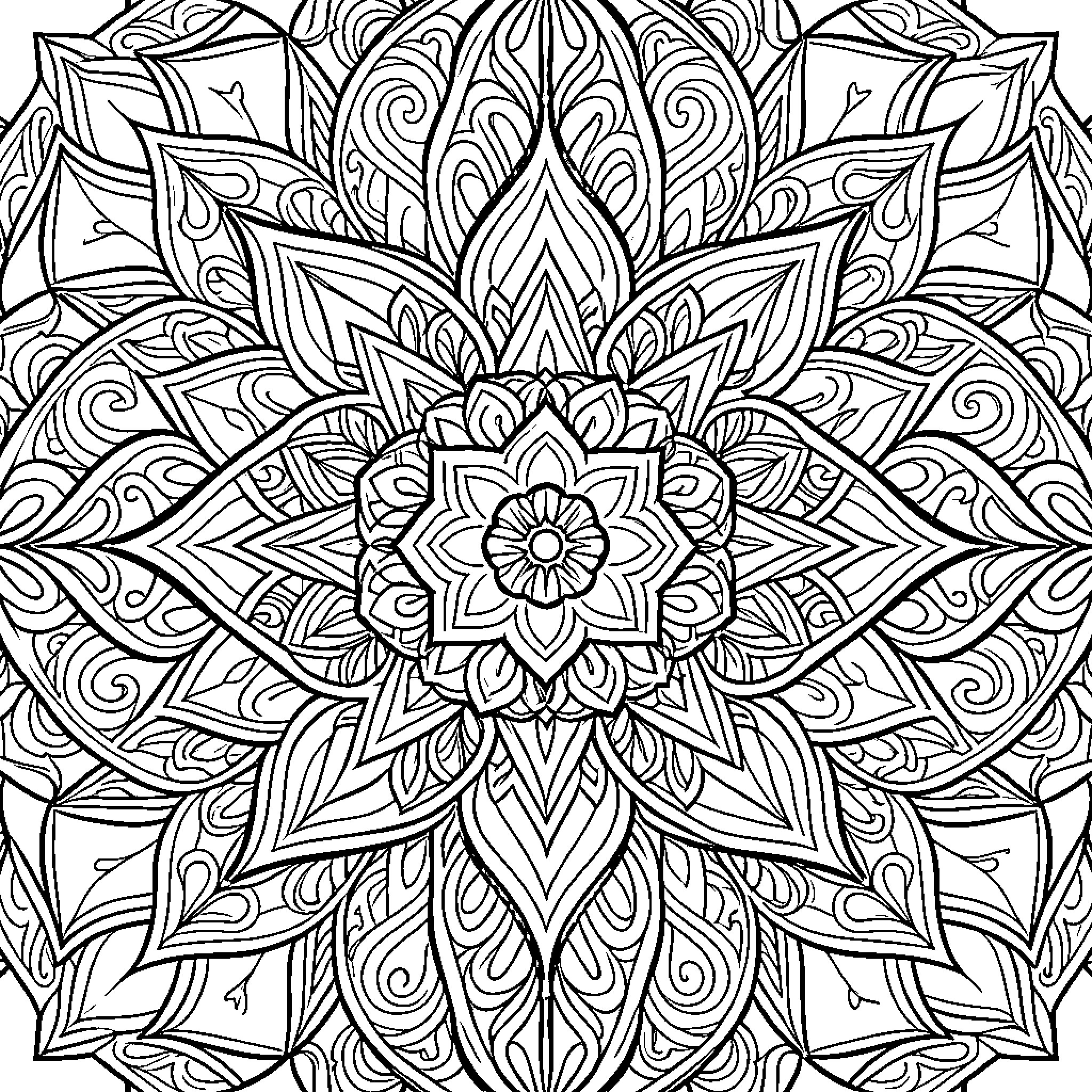 Mendela Intricate Floral Mandala Pattern Coloring Page (free black-and-white line drawing printable PDF for all, from beginners to advanced learners, including children, teens, adults, and seniors)