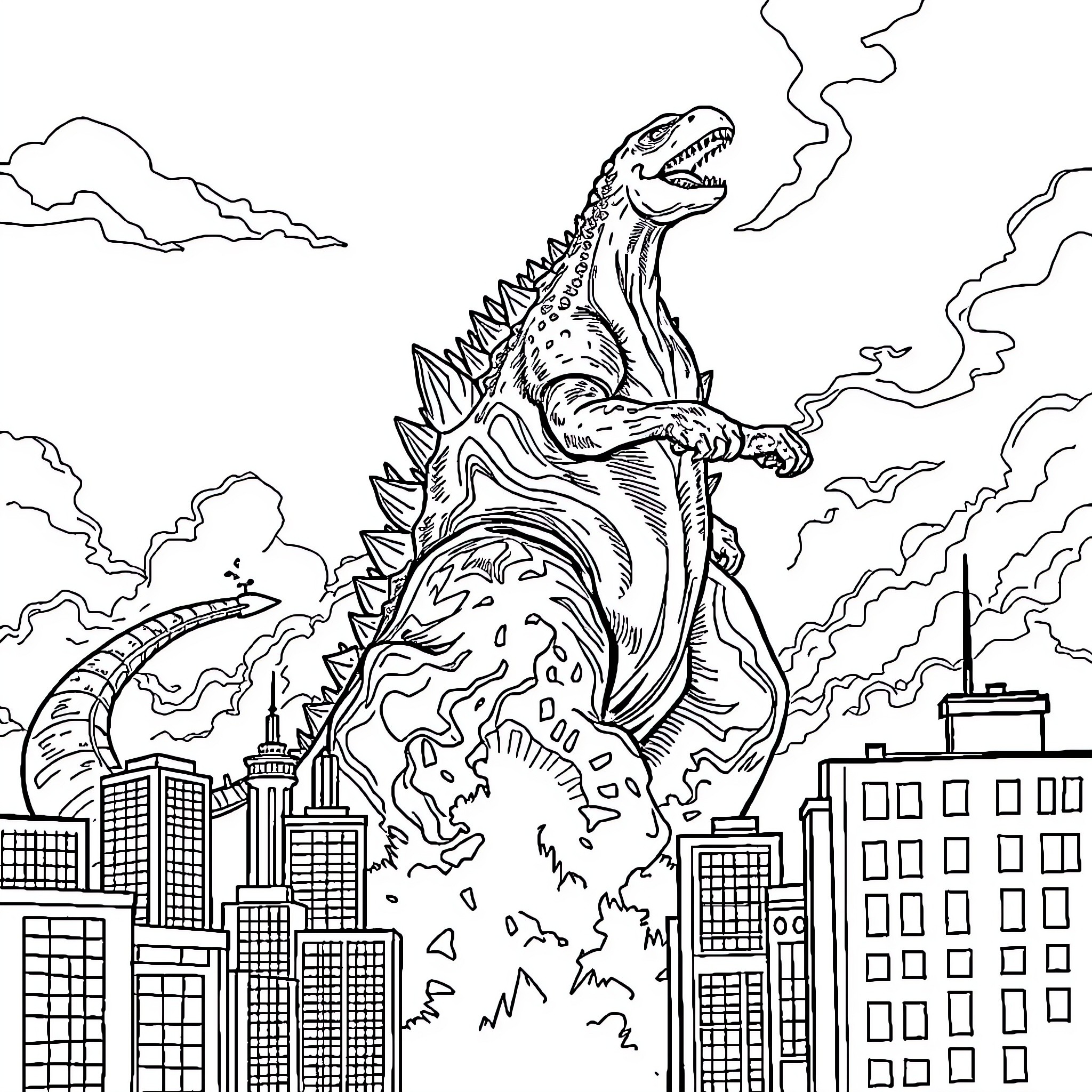 Gozila Rampages through Cityscape Coloring Page (free black-and-white line drawing printable PDF for all, from beginners to advanced learners, including children, teens, adults, and seniors)