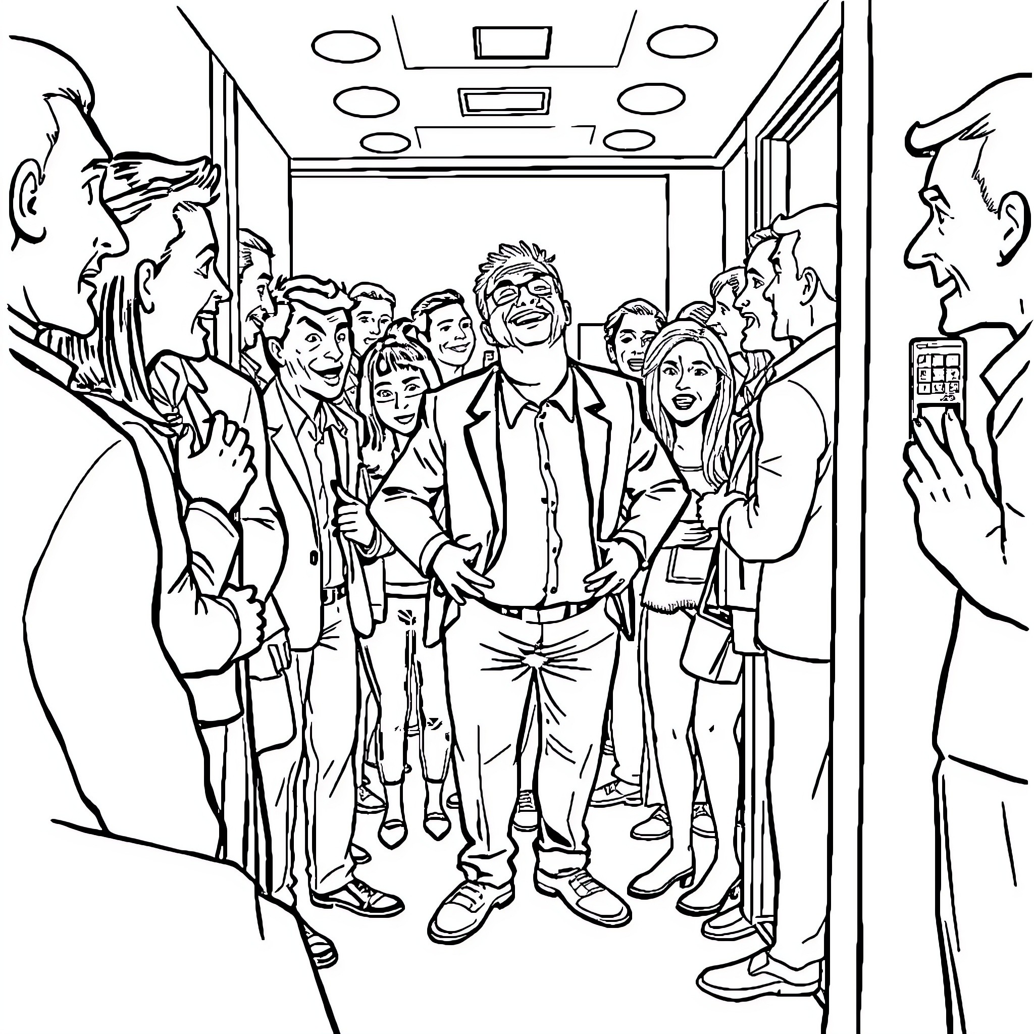 Man Surrounded by Smiling Crowd in Busy Elevator Coloring Page (free black-and-white line drawing printable PDF for all, from beginners to advanced learners, including children, teens, adults, and seniors)
