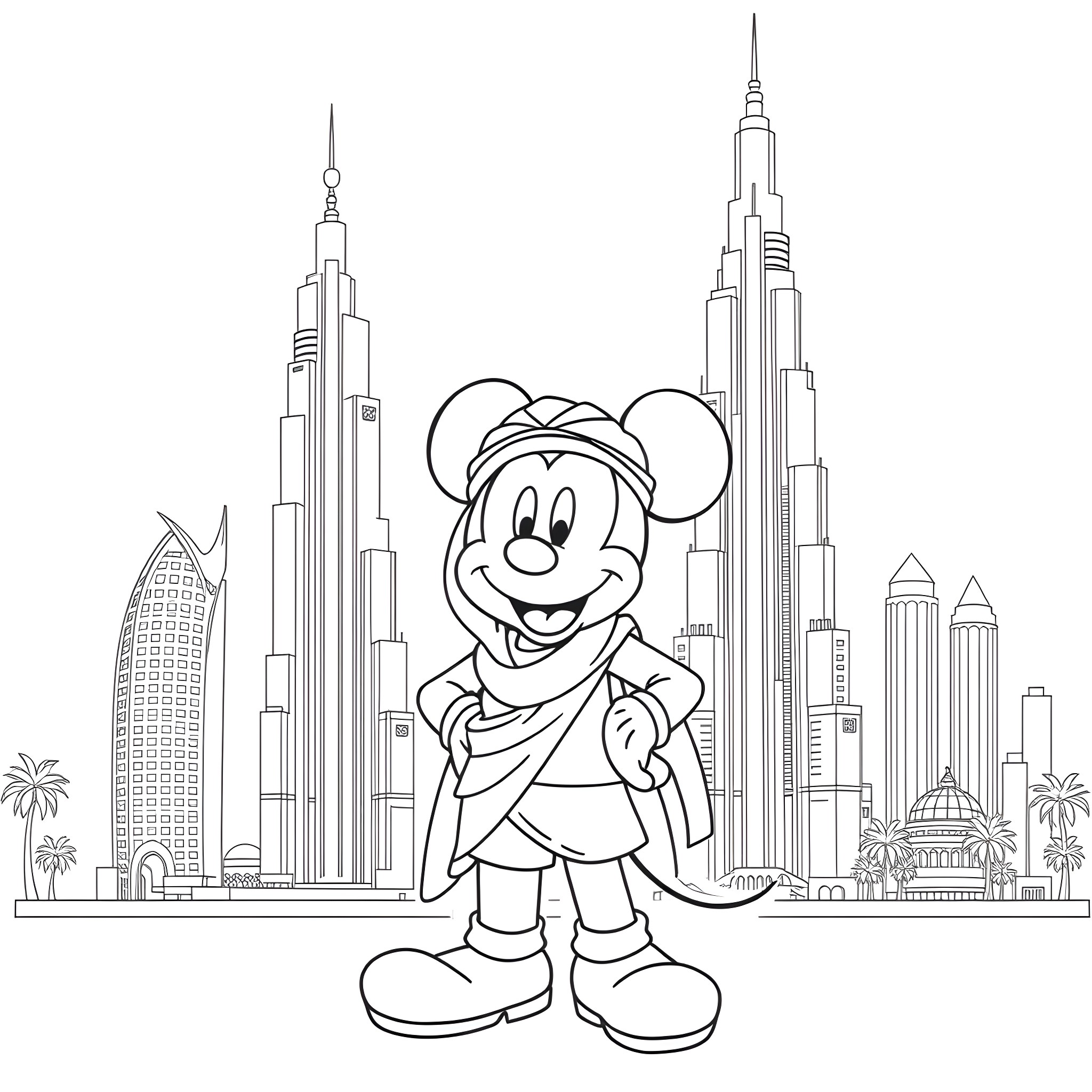 Mickey Mouse exploring the city skyline Coloring Page (free black-and-white line drawing printable PDF for all, from beginners to advanced learners, including children, teens, adults, and seniors)