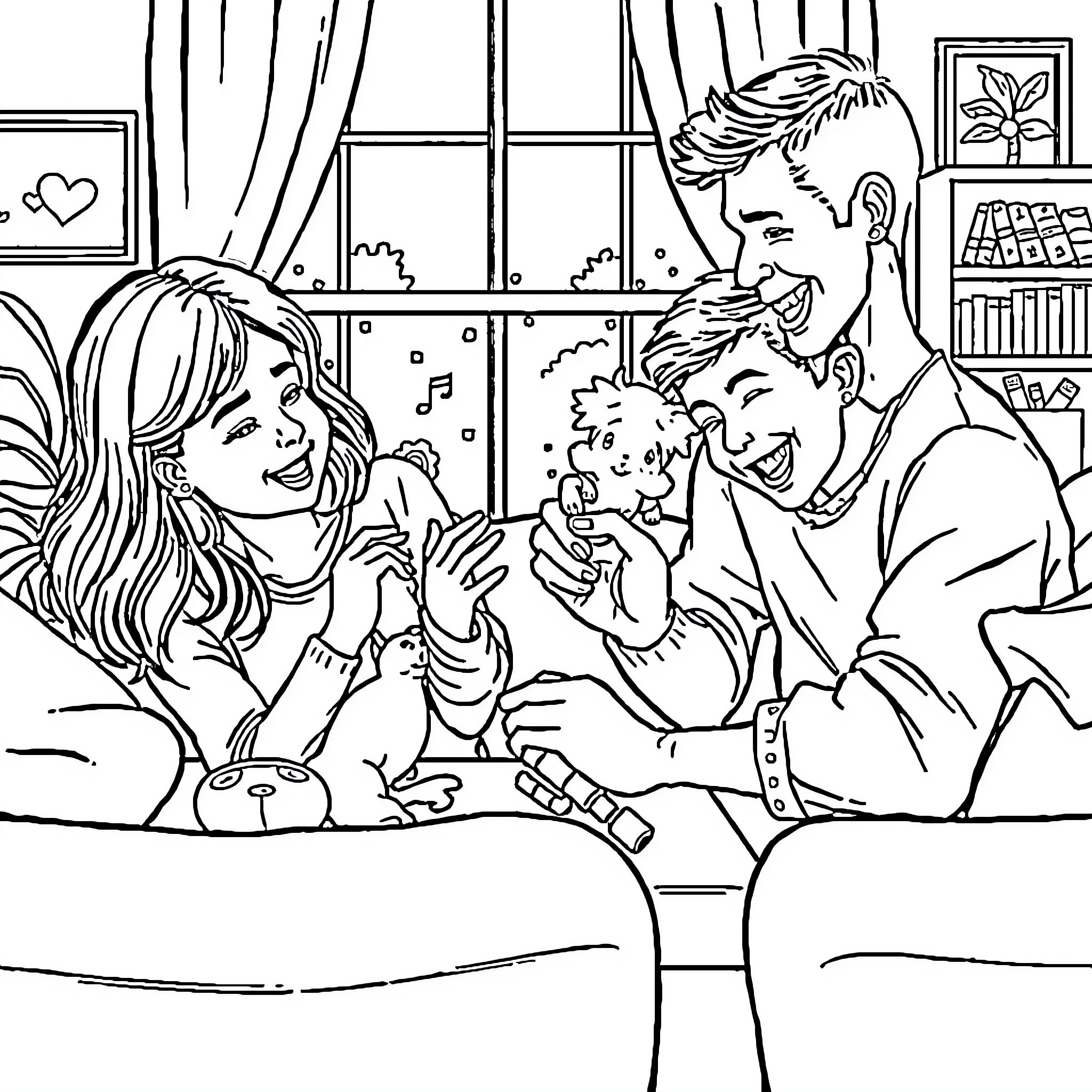 Parents Sharing a Joyful Moment with Their Child Coloring Page (free black-and-white line drawing printable PDF for all, from beginners to advanced learners, including children, teens, adults, and seniors)