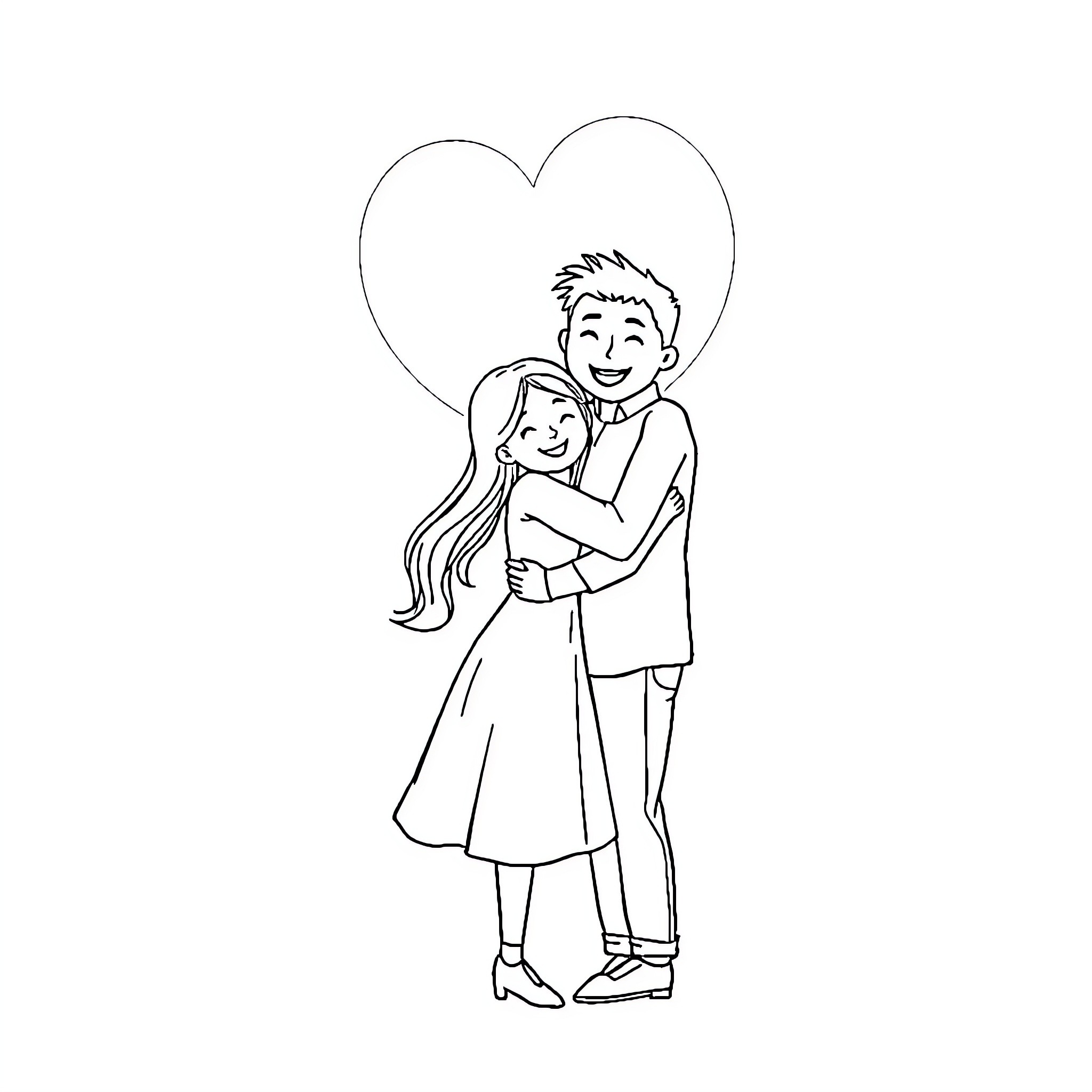 Boyfriend and girlfriend embracing under heart Coloring Page (free black-and-white line drawing printable PDF for all, from beginners to advanced learners, including children, teens, adults, and seniors)