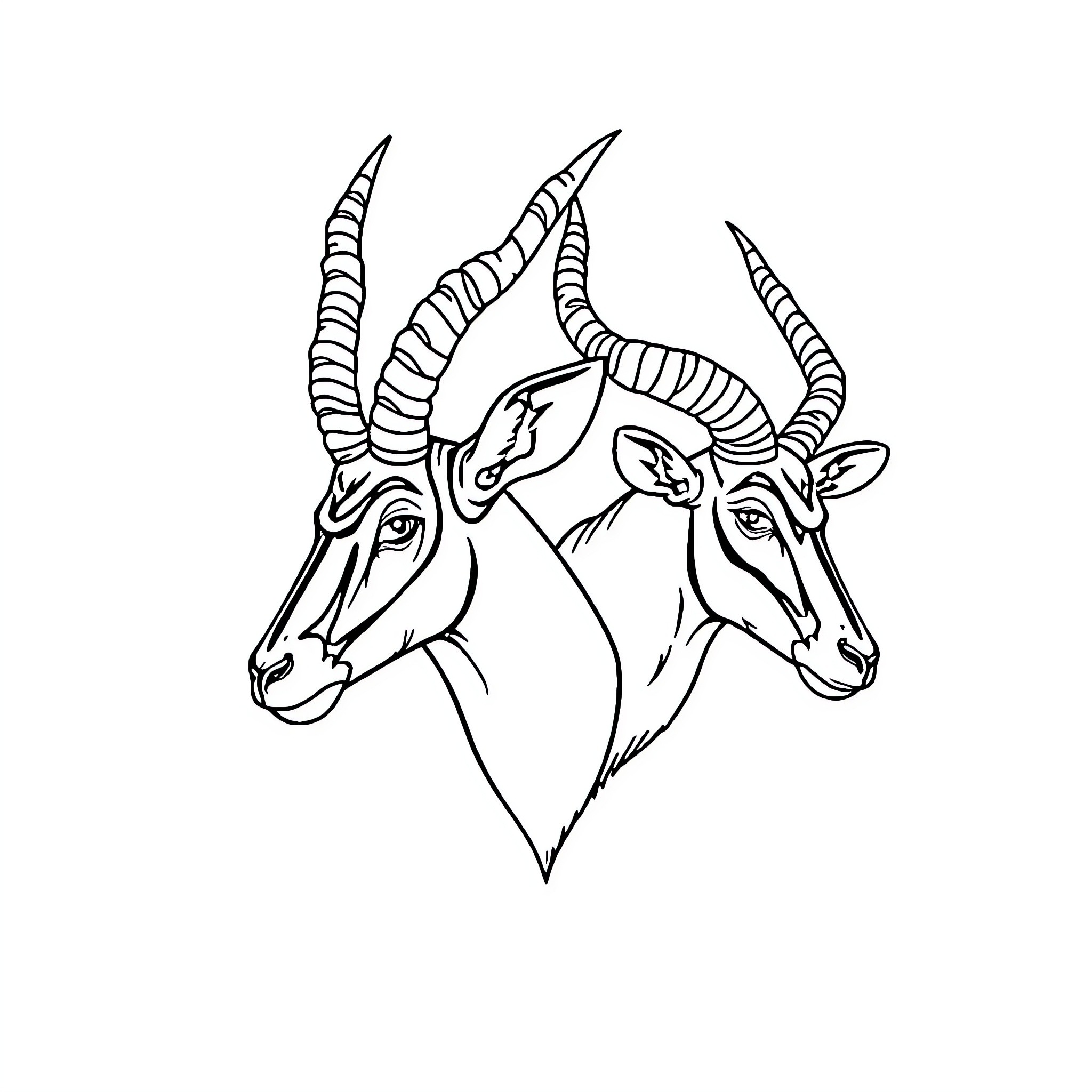 Antelope pair with intricate horns Coloring Page (free black-and-white line drawing printable PDF for all, from beginners to advanced learners, including children, teens, adults, and seniors)
