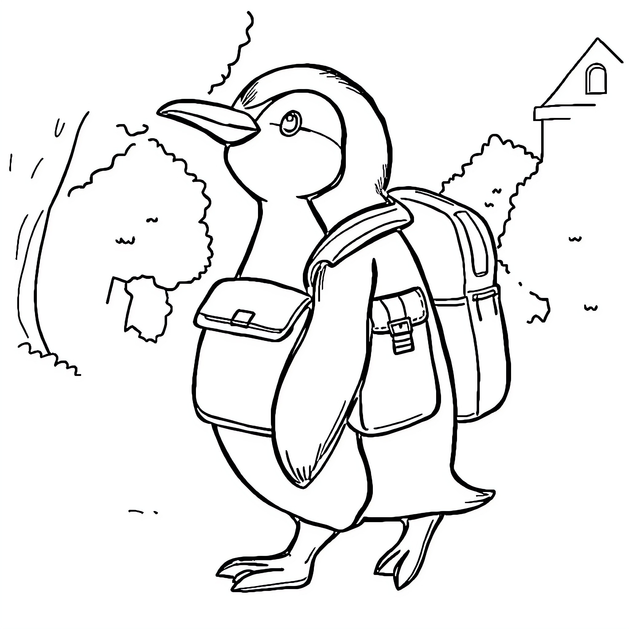 Penguin Backpacking Through the Wilderness Coloring Page (free black-and-white line drawing printable PDF for all, from beginners to advanced learners, including children, teens, adults, and seniors)
