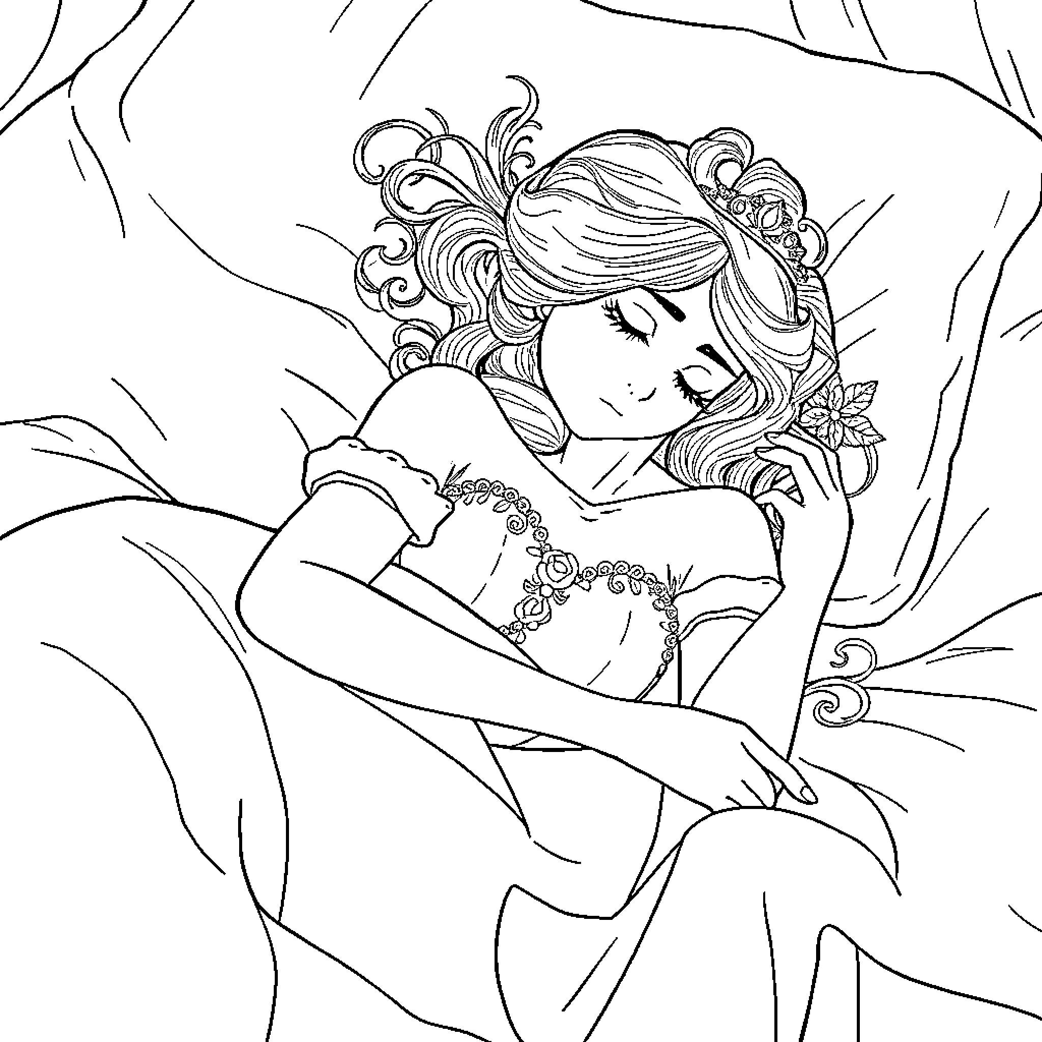 Princess in Enchanted Forest Dreams Coloring Page (free black-and-white line drawing printable PDF for all, from beginners to advanced learners, including children, teens, adults, and seniors)