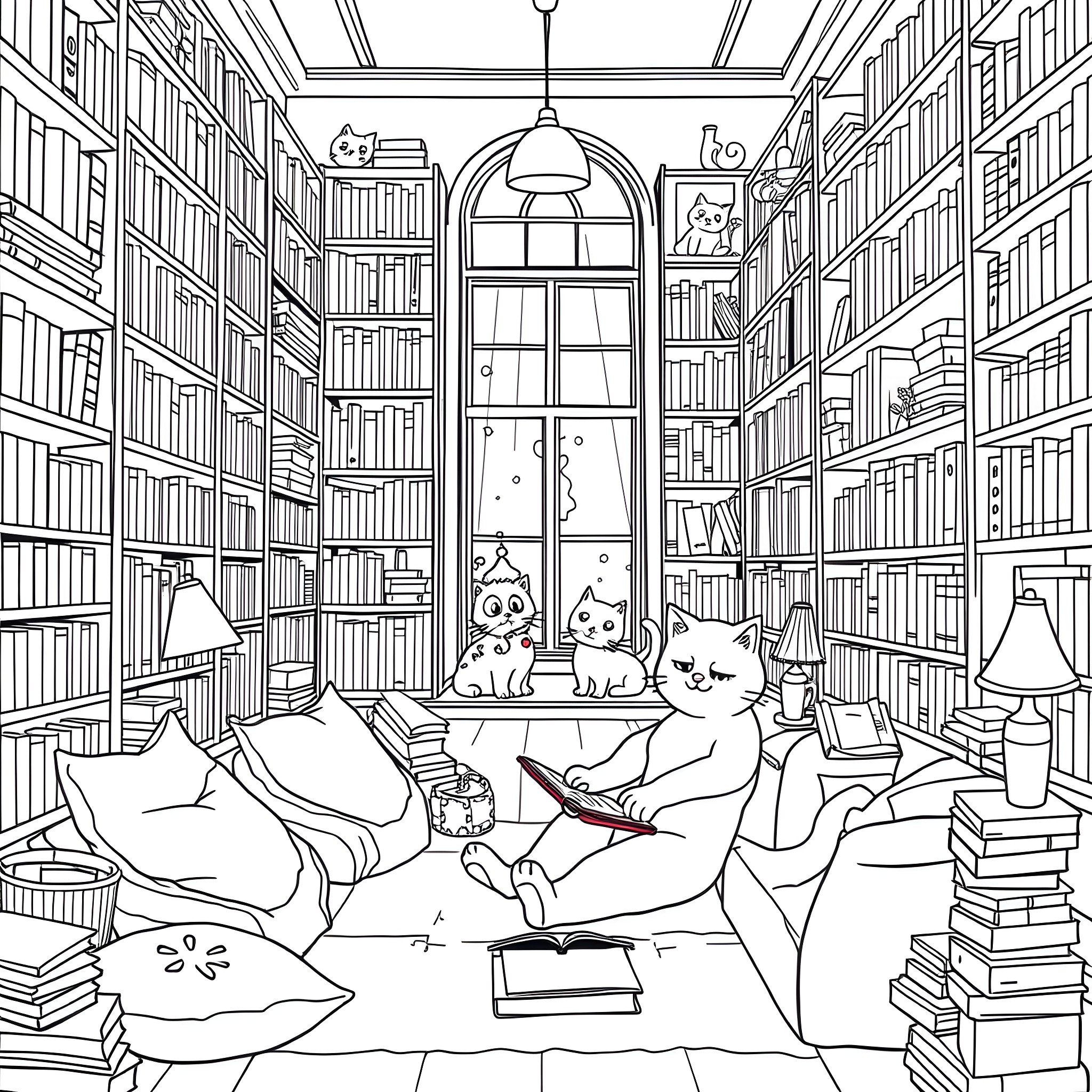 Pete the Cat's Cozy Reading Nook in the Library Coloring Page (free black-and-white line drawing printable PDF for all, from beginners to advanced learners, including children, teens, adults, and seniors)