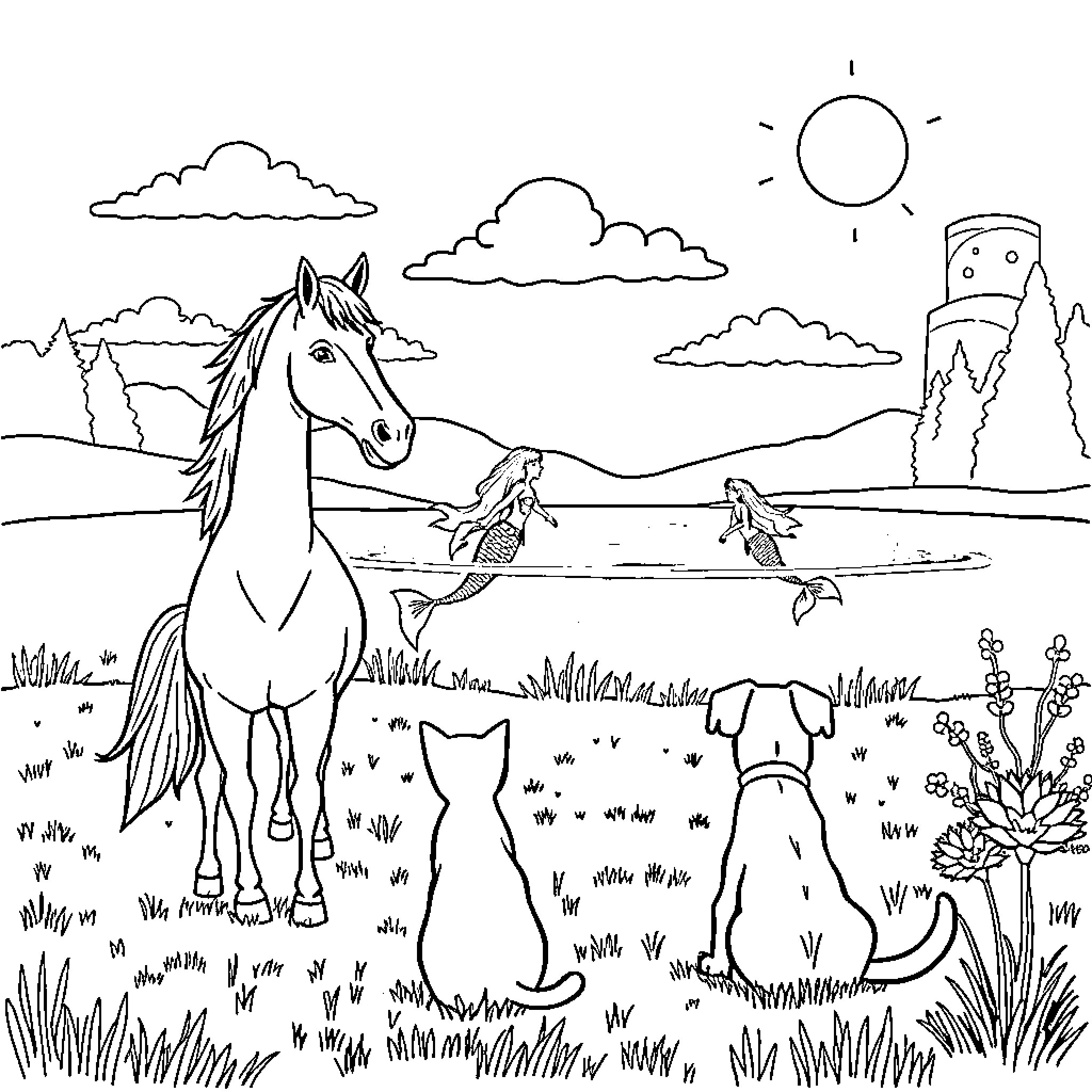 Horse enjoying nature with animal companions Coloring Page (free black-and-white line drawing printable PDF for all, from beginners to advanced learners, including children, teens, adults, and seniors)