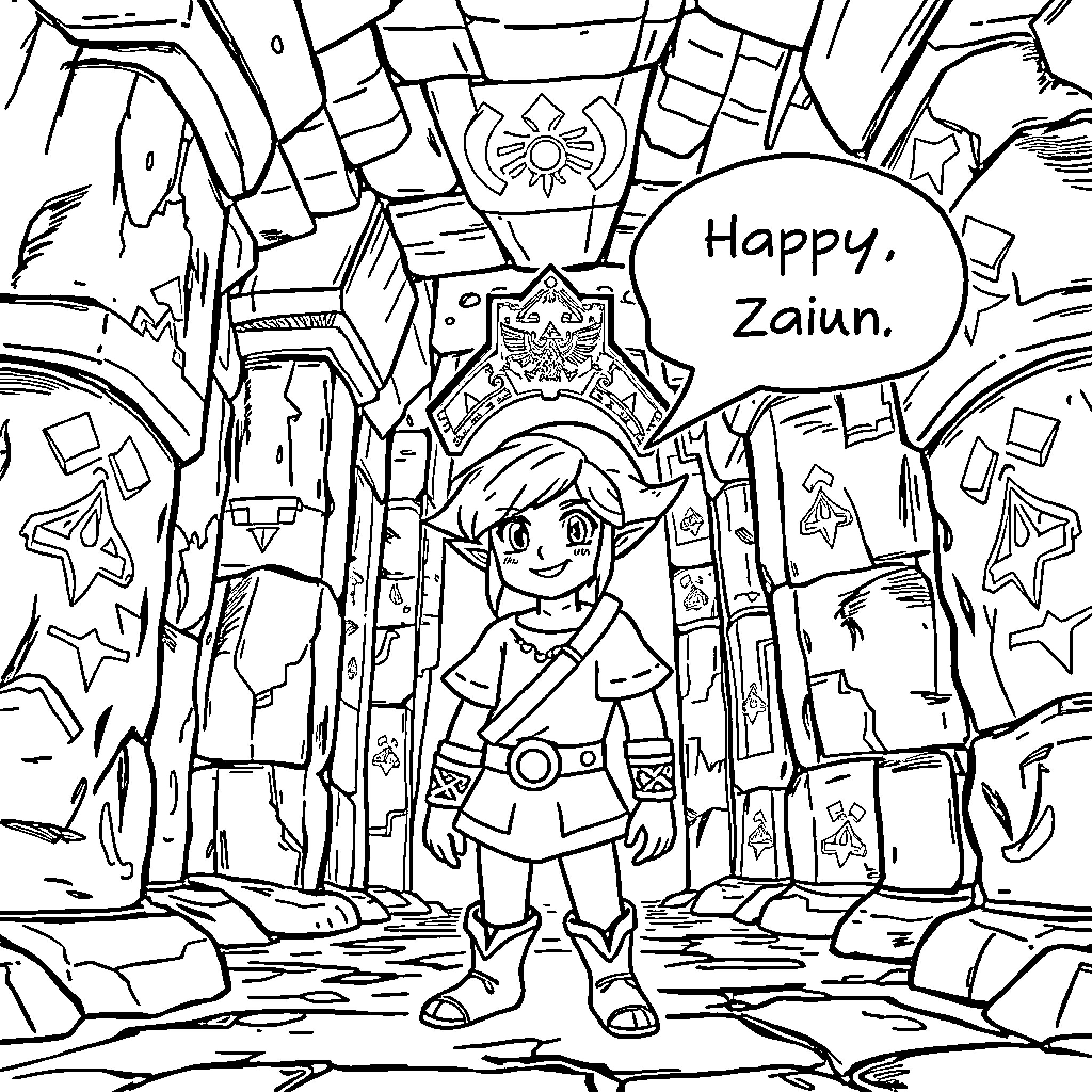 Link's Joyful Adventure in the Fantasy Realm Coloring Page (free black-and-white line drawing printable PDF for all, from beginners to advanced learners, including children, teens, adults, and seniors)