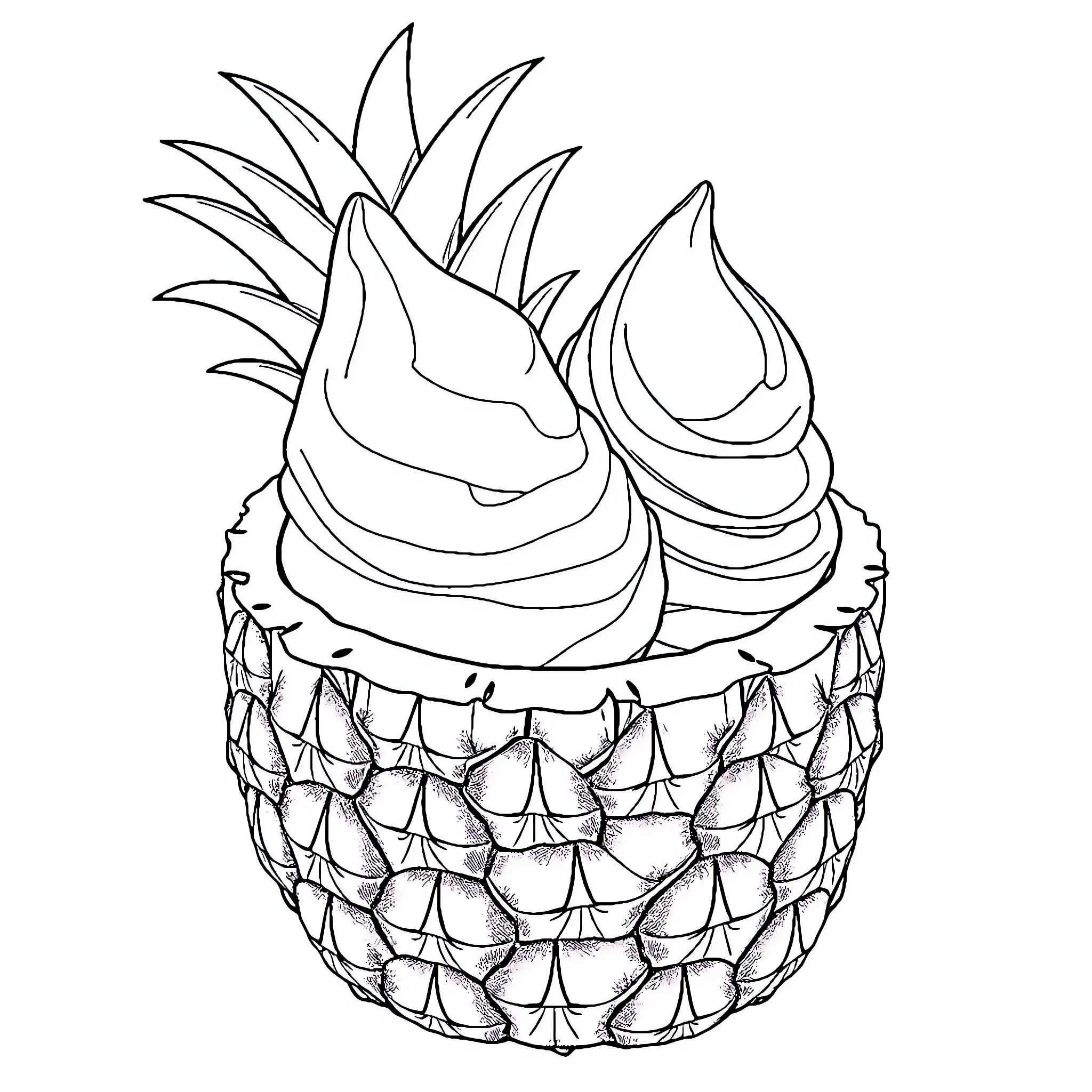 Italian Ice Treats in Pineapple Shaped Cups Coloring Page (free black-and-white line drawing printable PDF for all, from beginners to advanced learners, including children, teens, adults, and seniors)