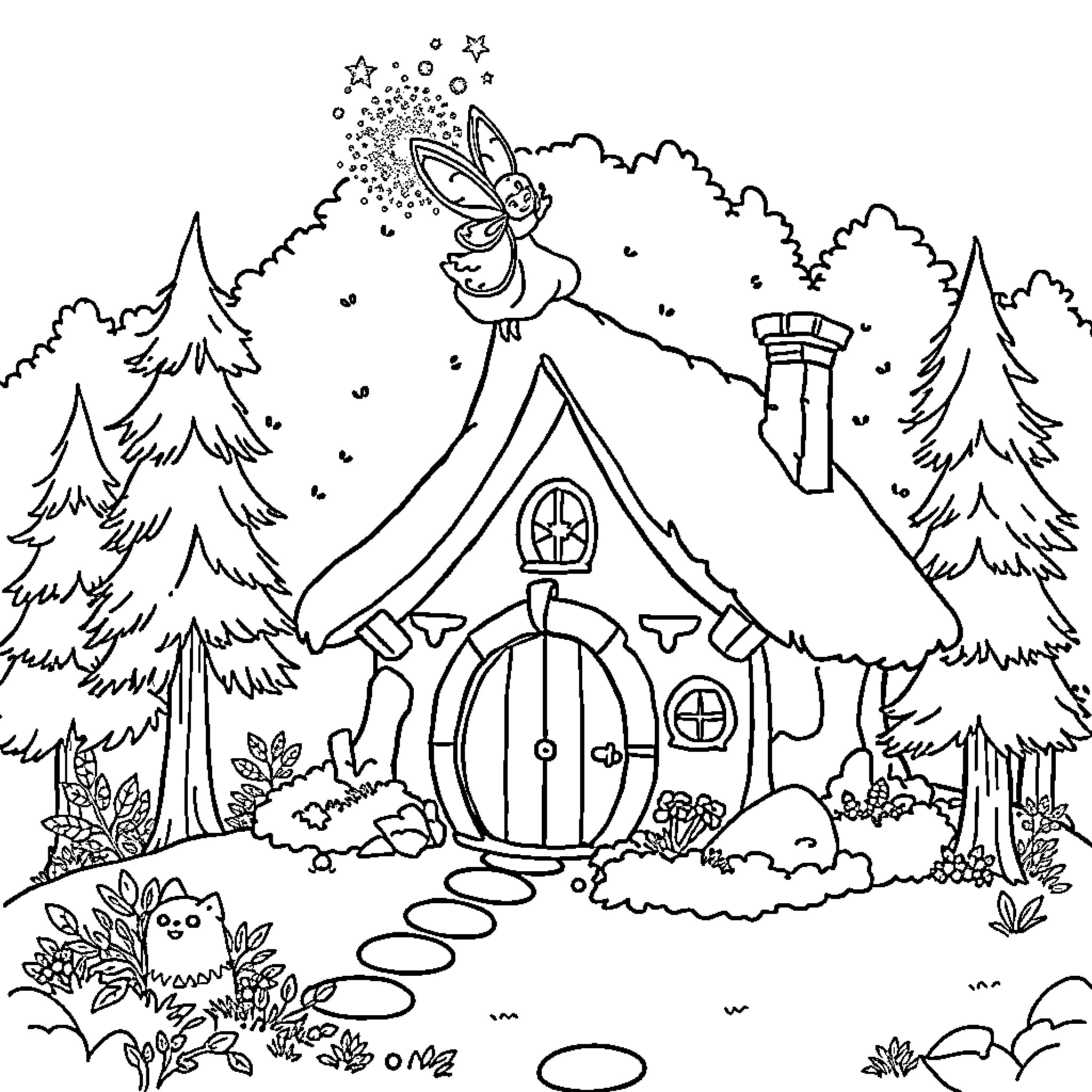 Hobbit House with Fairies in Enchanted Forest Coloring Page (free black-and-white line drawing printable PDF for all, from beginners to advanced learners, including children, teens, adults, and seniors)