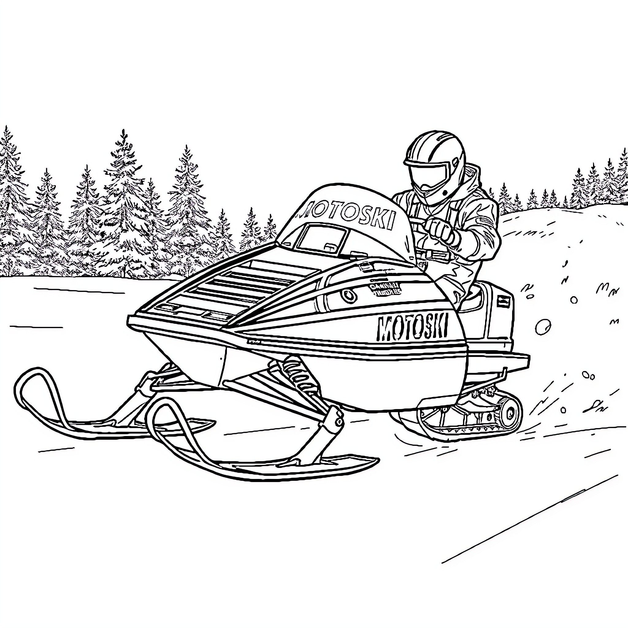 Motoski snowmobile adventure through snowy forest Coloring Page (free black-and-white line drawing printable PDF for all, from beginners to advanced learners, including children, teens, adults, and seniors)