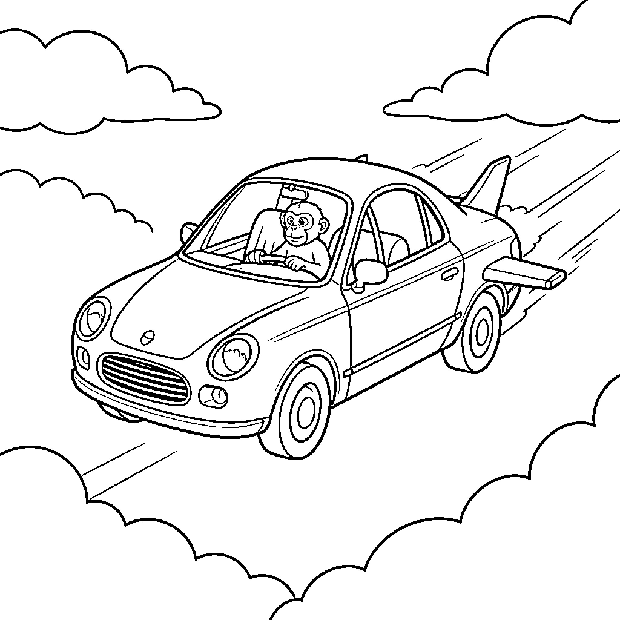 Flying Car driven by a happy monkey in clouds Coloring Page (free black-and-white line drawing printable PDF for all, from beginners to advanced learners, including children, teens, adults, and seniors)