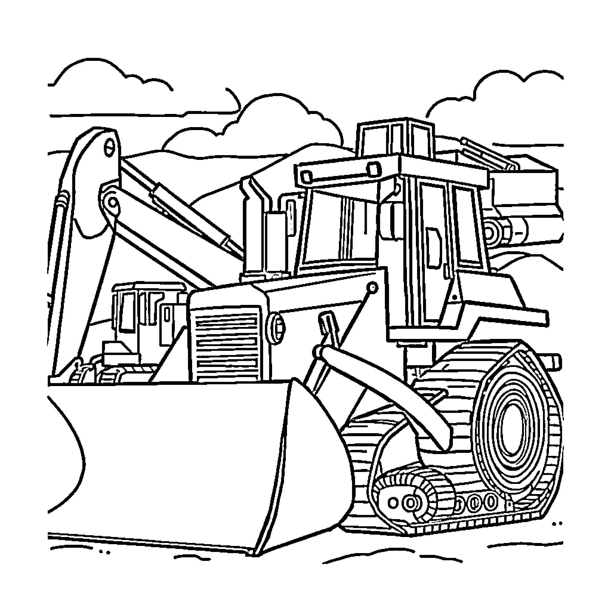 Machine Bulldozer Clearing Rubble in Landscape Coloring Page (free black-and-white line drawing printable PDF for all, from beginners to advanced learners, including children, teens, adults, and seniors)
