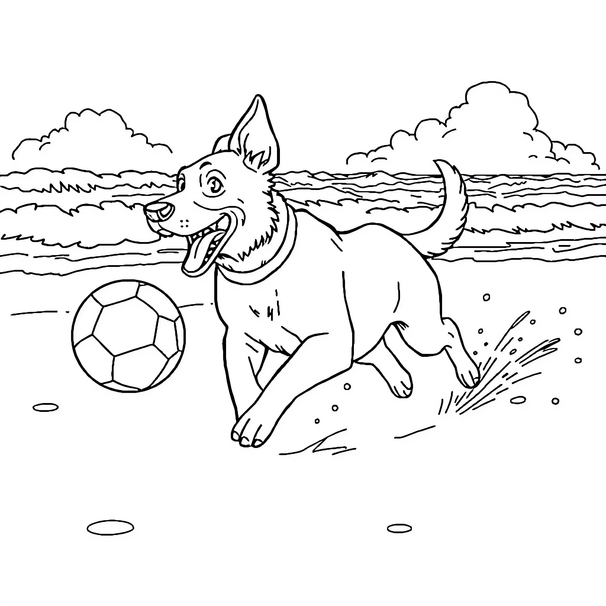 Dog playing with ball at the beach Coloring Page (free black-and-white line drawing printable PDF for all, from beginners to advanced learners, including children, teens, adults, and seniors)