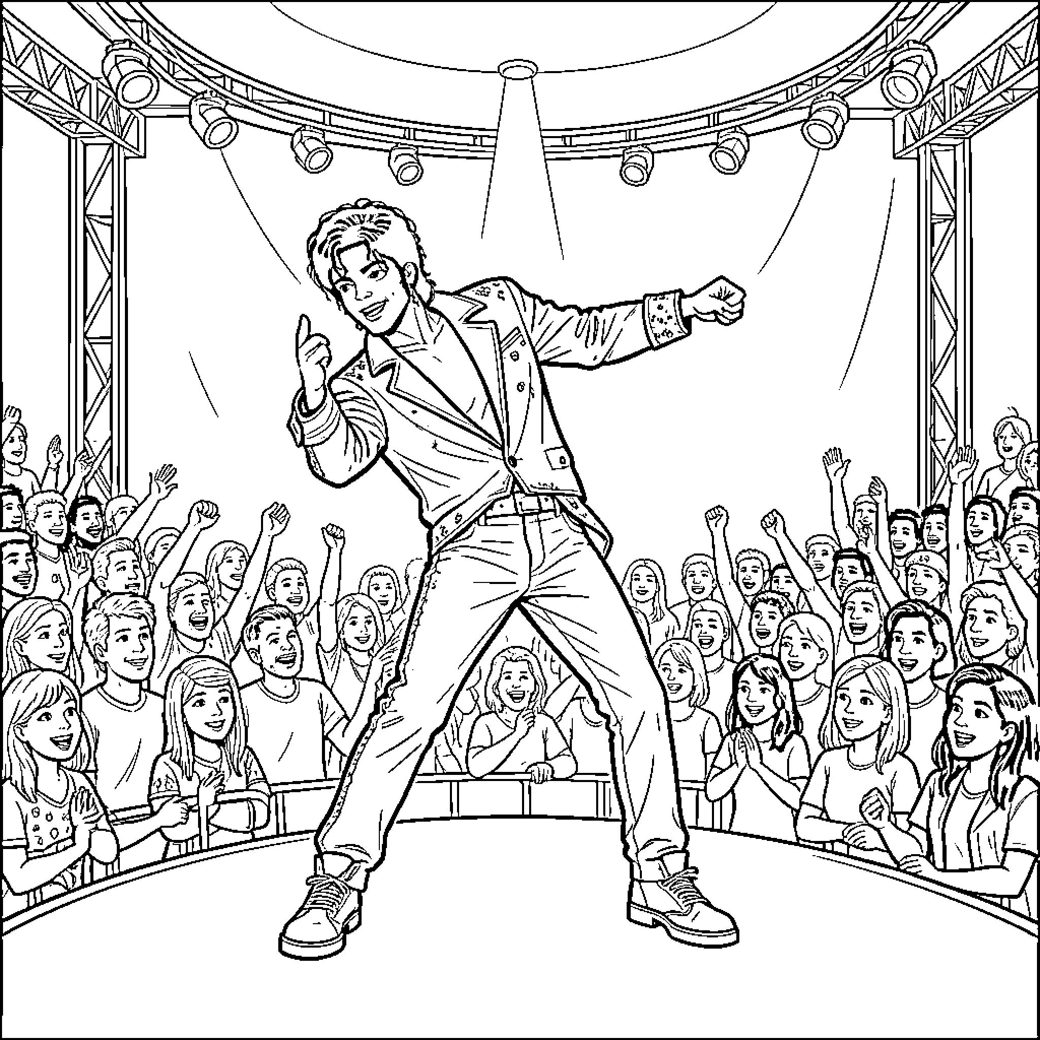Michael Jackson performing a dance move on stage Coloring Page (free black-and-white line drawing printable PDF for all, from beginners to advanced learners, including children, teens, adults, and seniors)