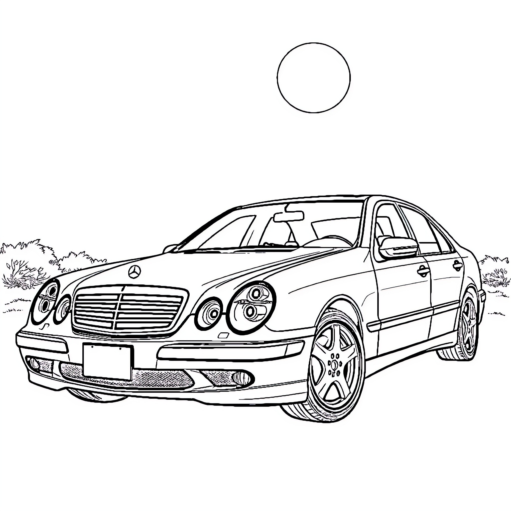 Mercedes-Benz luxury sedan in outdoor setting Coloring Page (free black-and-white line drawing printable PDF for all, from beginners to advanced learners, including children, teens, adults, and seniors)