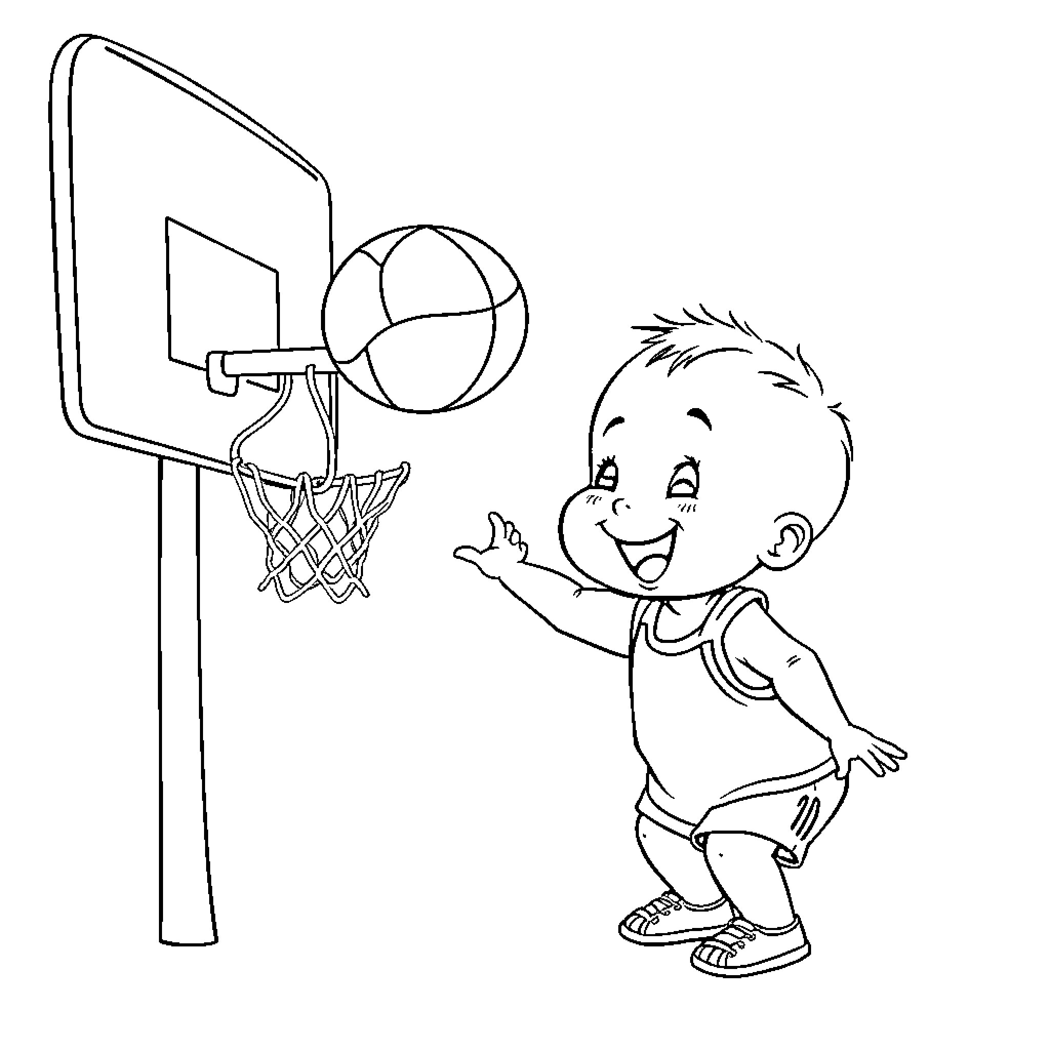 Baby playing with basketball hoop Coloring Page (free black-and-white line drawing printable PDF for all, from beginners to advanced learners, including children, teens, adults, and seniors)