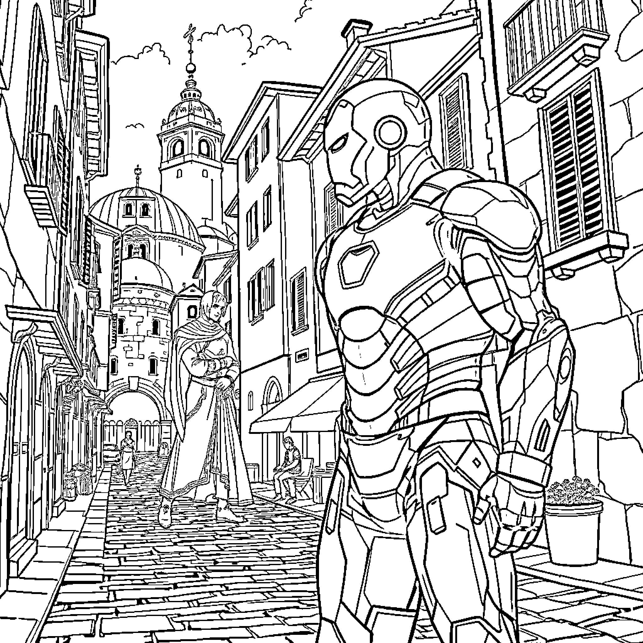 Iron Man exploring a medieval city Coloring Page (free black-and-white line drawing printable PDF for all, from beginners to advanced learners, including children, teens, adults, and seniors)