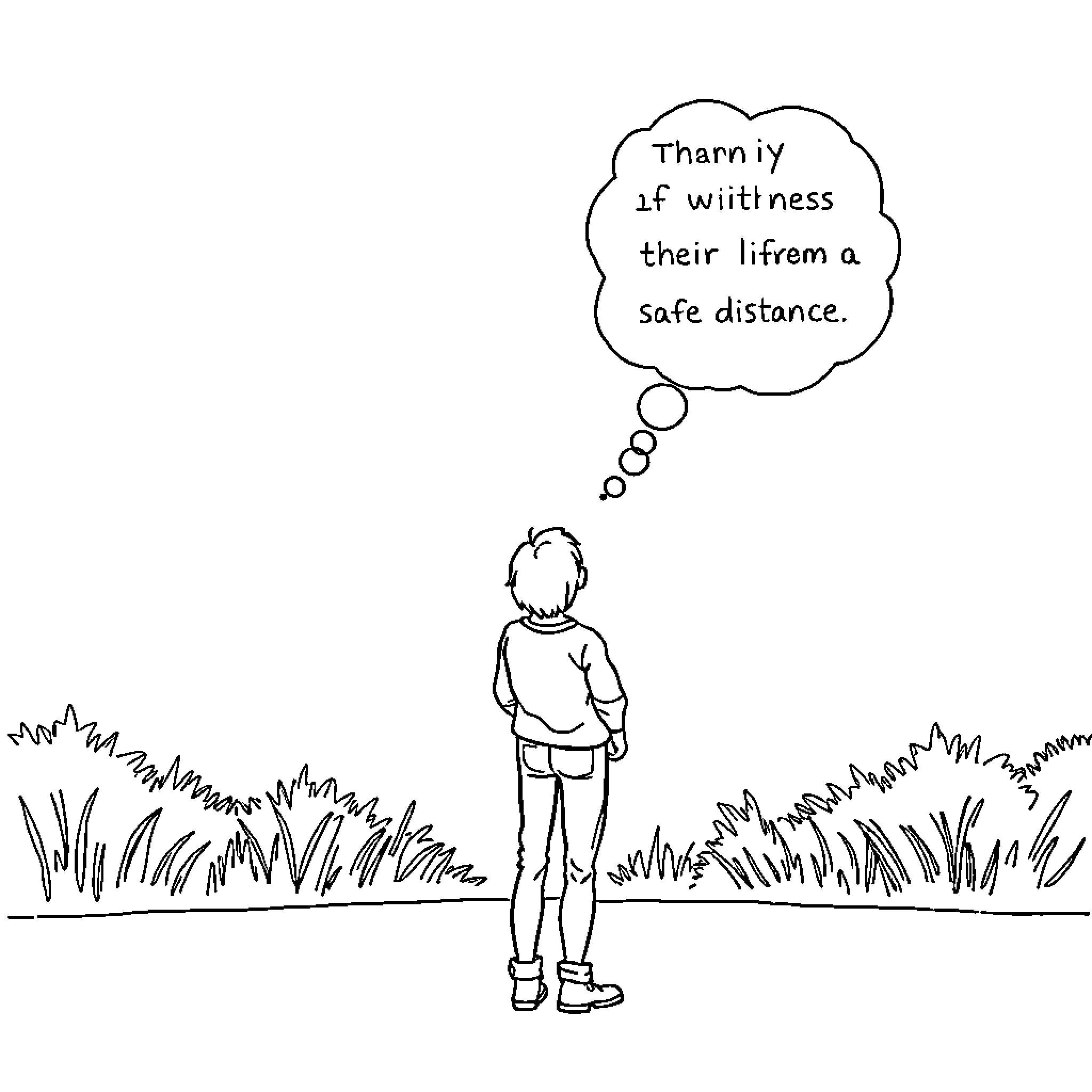 Reality: Person contemplating social distancing in nature Coloring Page (free black-and-white line drawing printable PDF for all, from beginners to advanced learners, including children, teens, adults, and seniors)