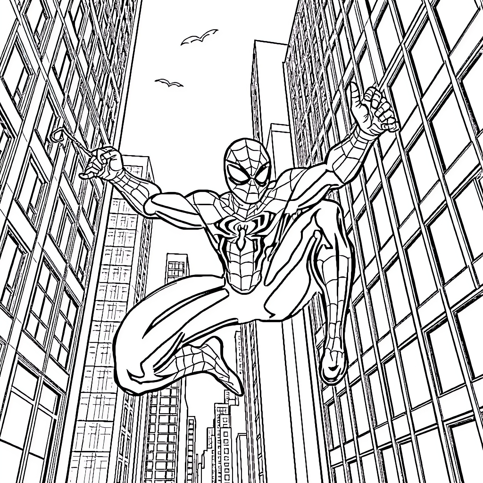 Spiderman swinging through the cityscape Coloring Page (free black-and-white line drawing printable PDF for all, from beginners to advanced learners, including children, teens, adults, and seniors)