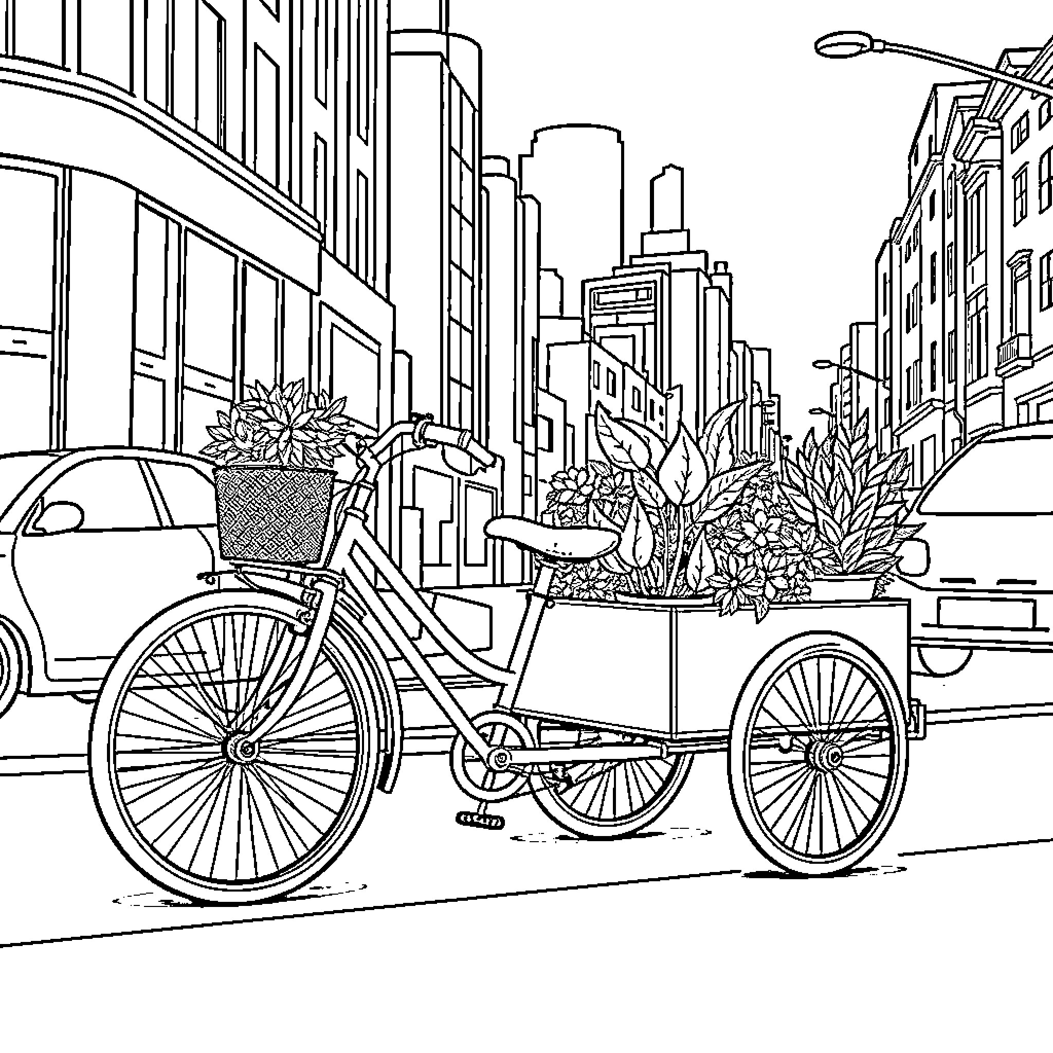 Bike carrying flowers on city street Coloring Page (free black-and-white line drawing printable PDF for all, from beginners to advanced learners, including children, teens, adults, and seniors)