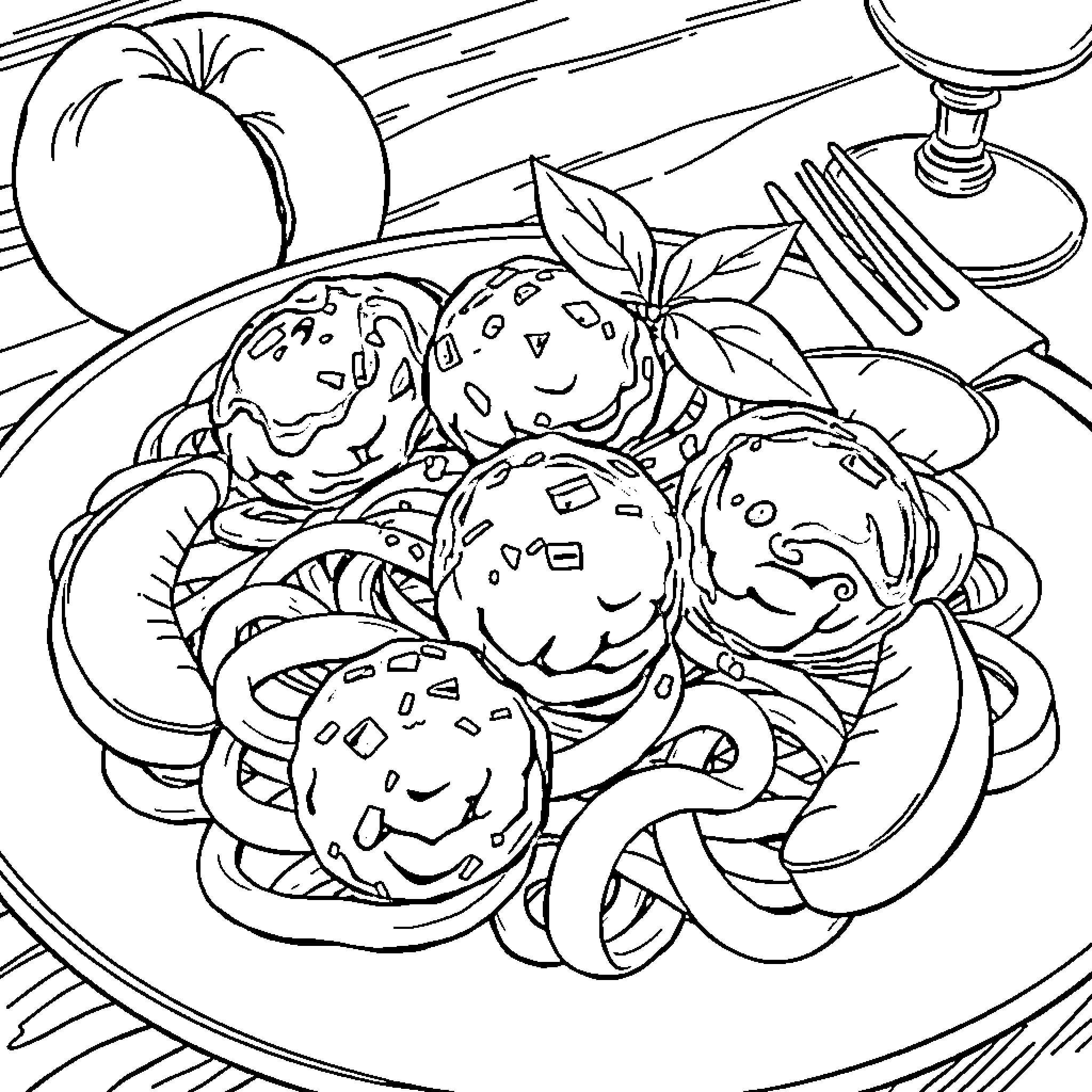 Peach-colored desserts on a plate Coloring Page (free black-and-white line drawing printable PDF for all, from beginners to advanced learners, including children, teens, adults, and seniors)