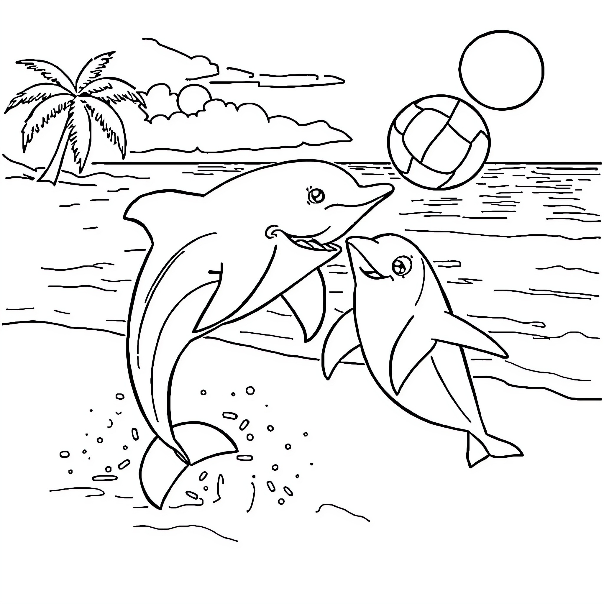 Dolphin playing in the ocean with a beach ball Coloring Page (free black-and-white line drawing printable PDF for all, from beginners to advanced learners, including children, teens, adults, and seniors)