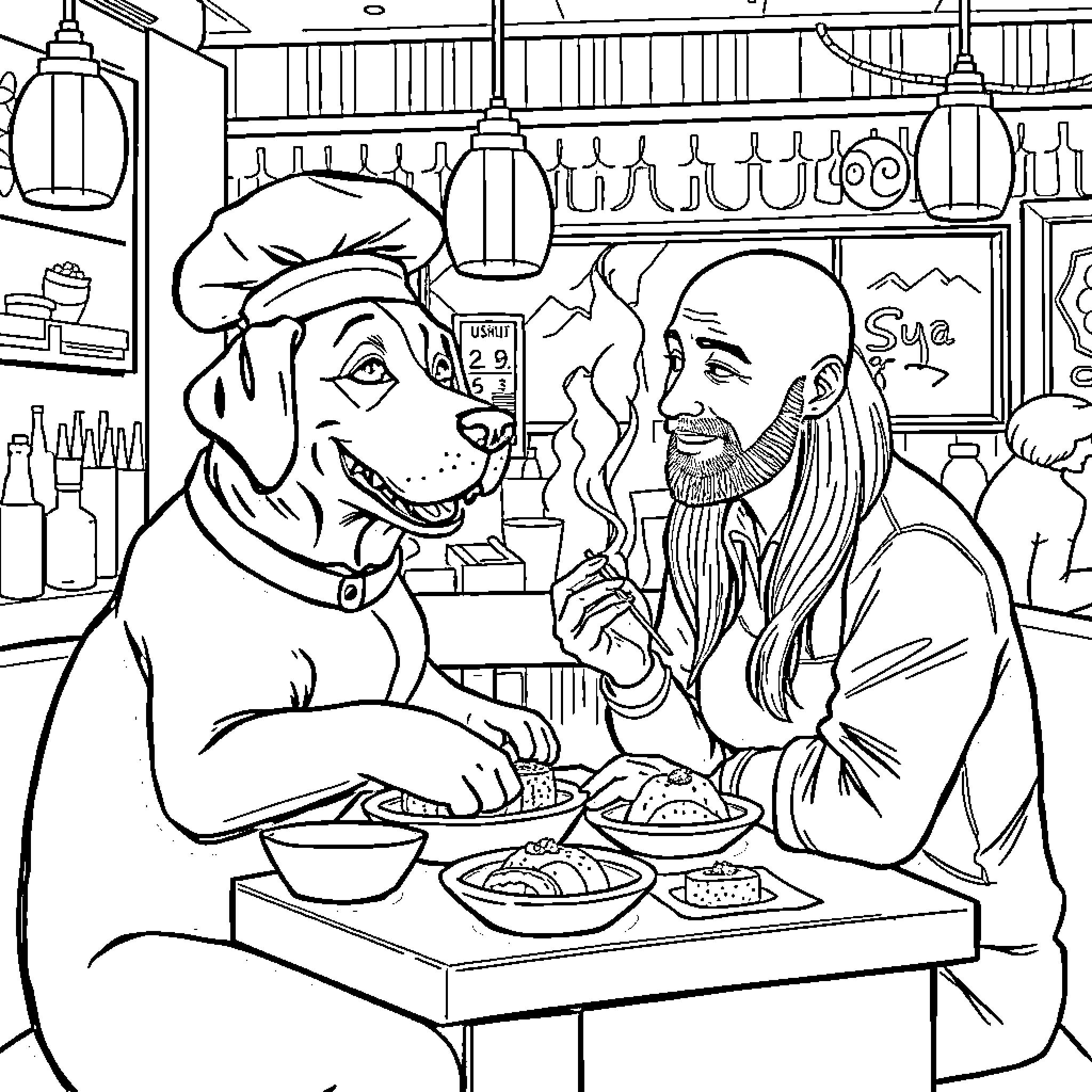 Labrador sharing a meal with a human in a cozy restaurant Coloring Page (free black-and-white line drawing printable PDF for all, from beginners to advanced learners, including children, teens, adults, and seniors)