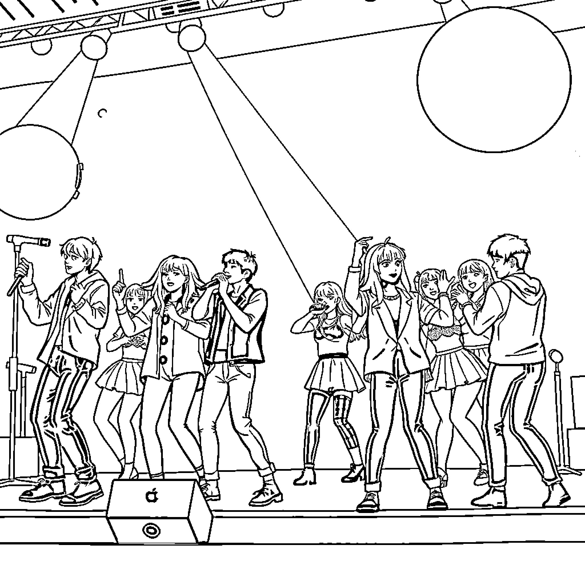 Kpop performers on stage with lighting equipment Coloring Page (free black-and-white line drawing printable PDF for all, from beginners to advanced learners, including children, teens, adults, and seniors)